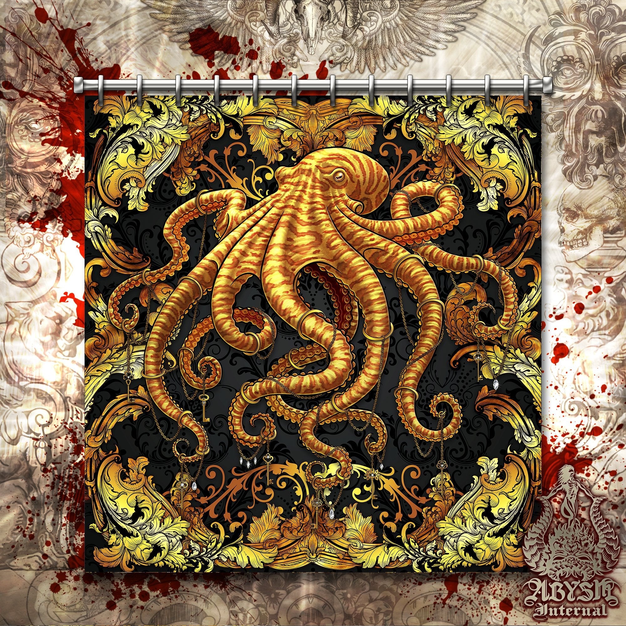 Octopus Shower Curtain, Beach Bathroom Decor - Gold & Black - Abysm Internal