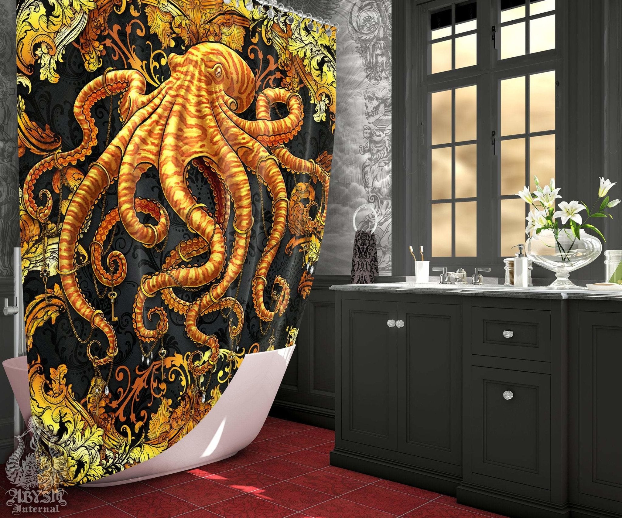 Octopus Shower Curtain, Beach Bathroom Decor - Gold & Black - Abysm Internal