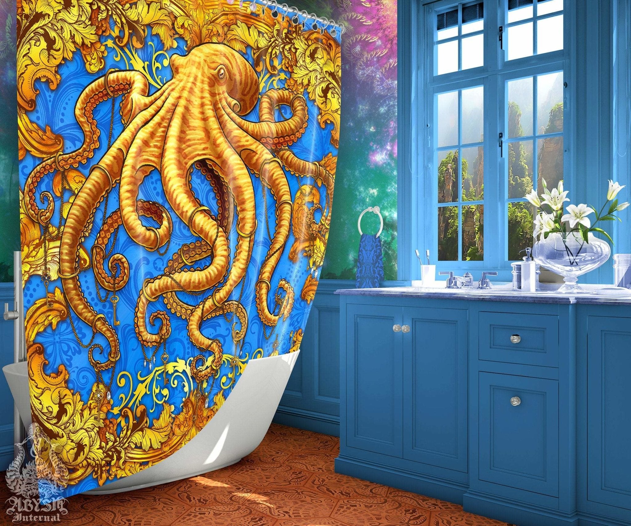 Octopus Shower Curtain, Beach Bathroom Decor, Vintage and Baroque, Eclectic and Funky Home - Cyan & Gold - Abysm Internal