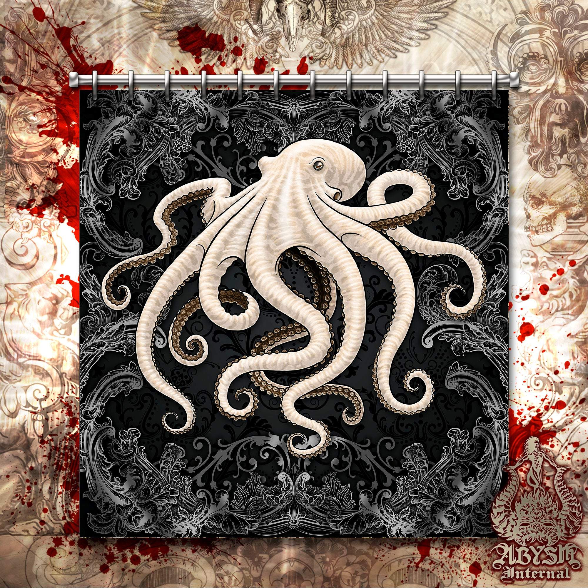 Octopus Shower Curtain, Beach Home and Bathroom Decor - Black & White - Abysm Internal