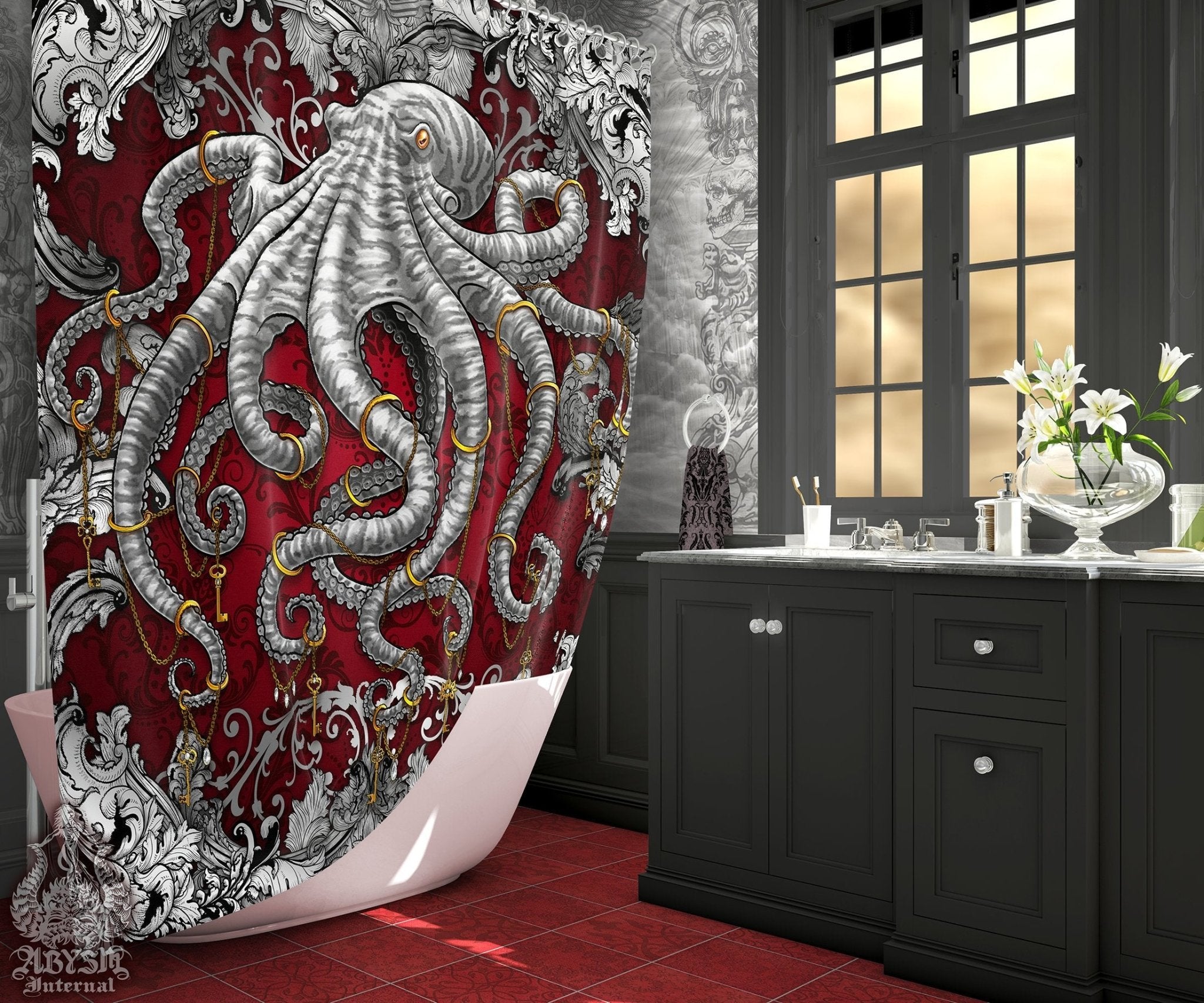 Octopus Shower Curtain, Beach Home and Bathroom Decor - Silver & Red - Abysm Internal