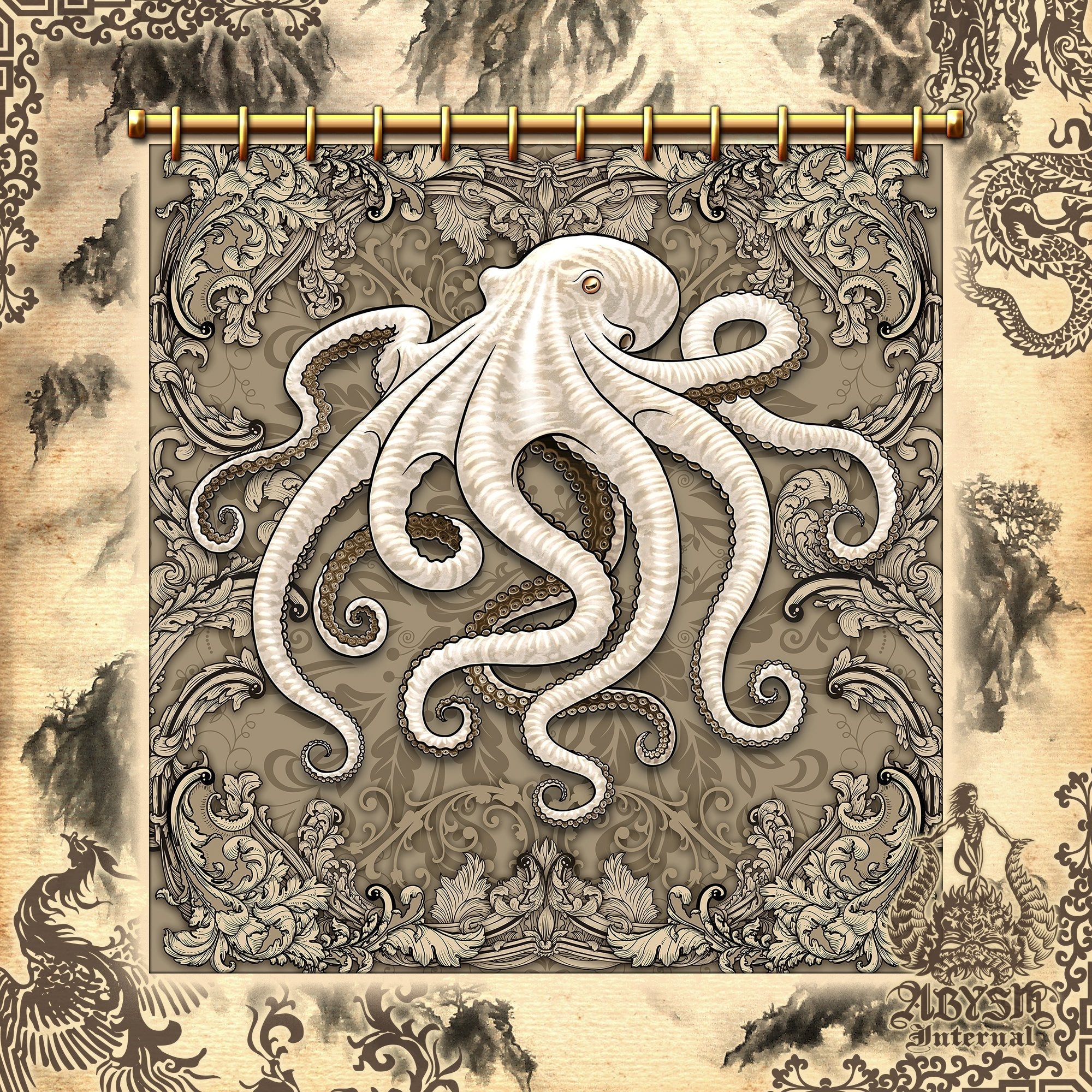 Octopus Shower Curtain, Coastal Bathroom Decor, Eclectic and Funky Home - Cream & White - Abysm Internal