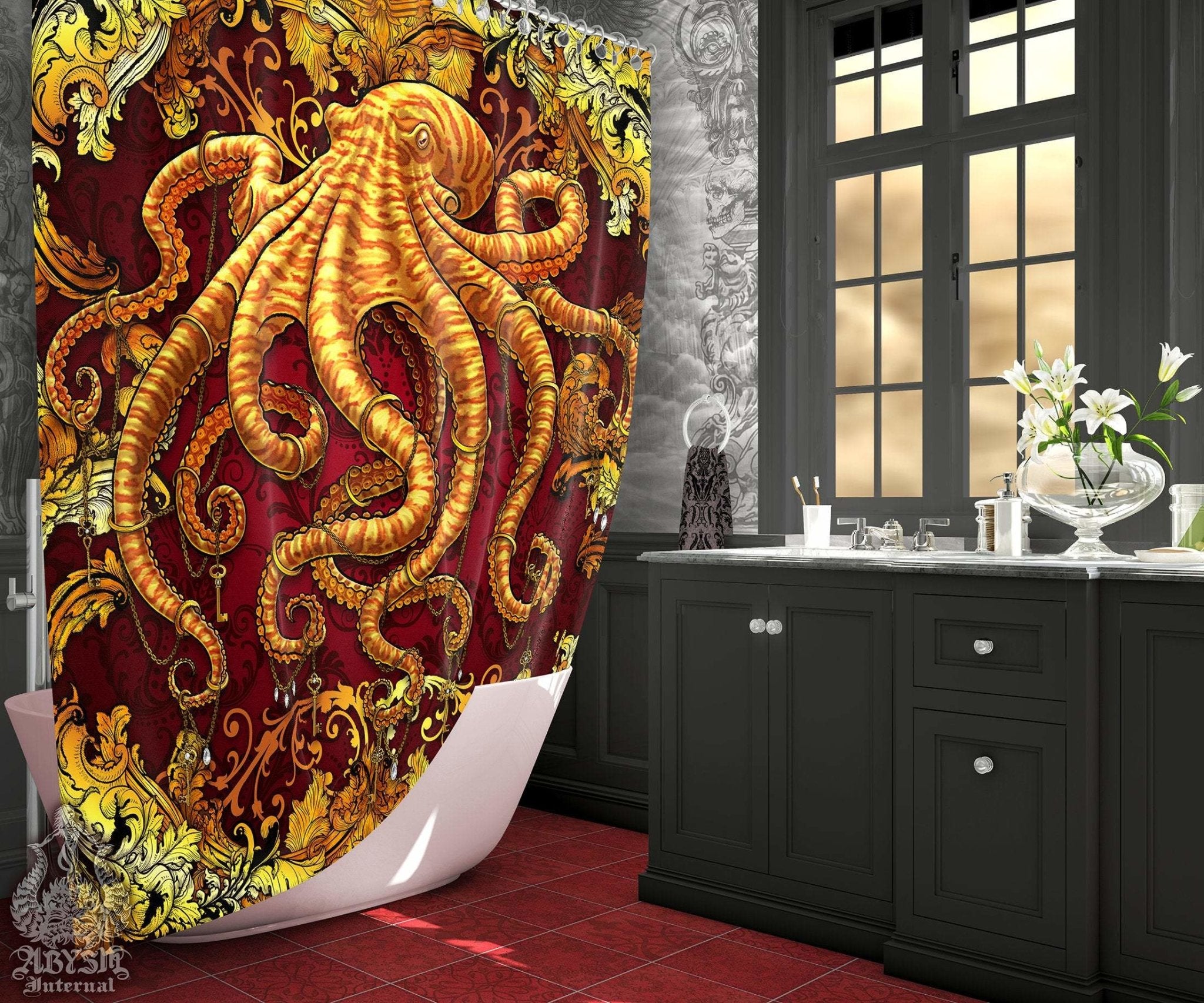 Octopus Shower Curtain, Coastal Bathroom Decor - Gold & Red - Abysm Internal