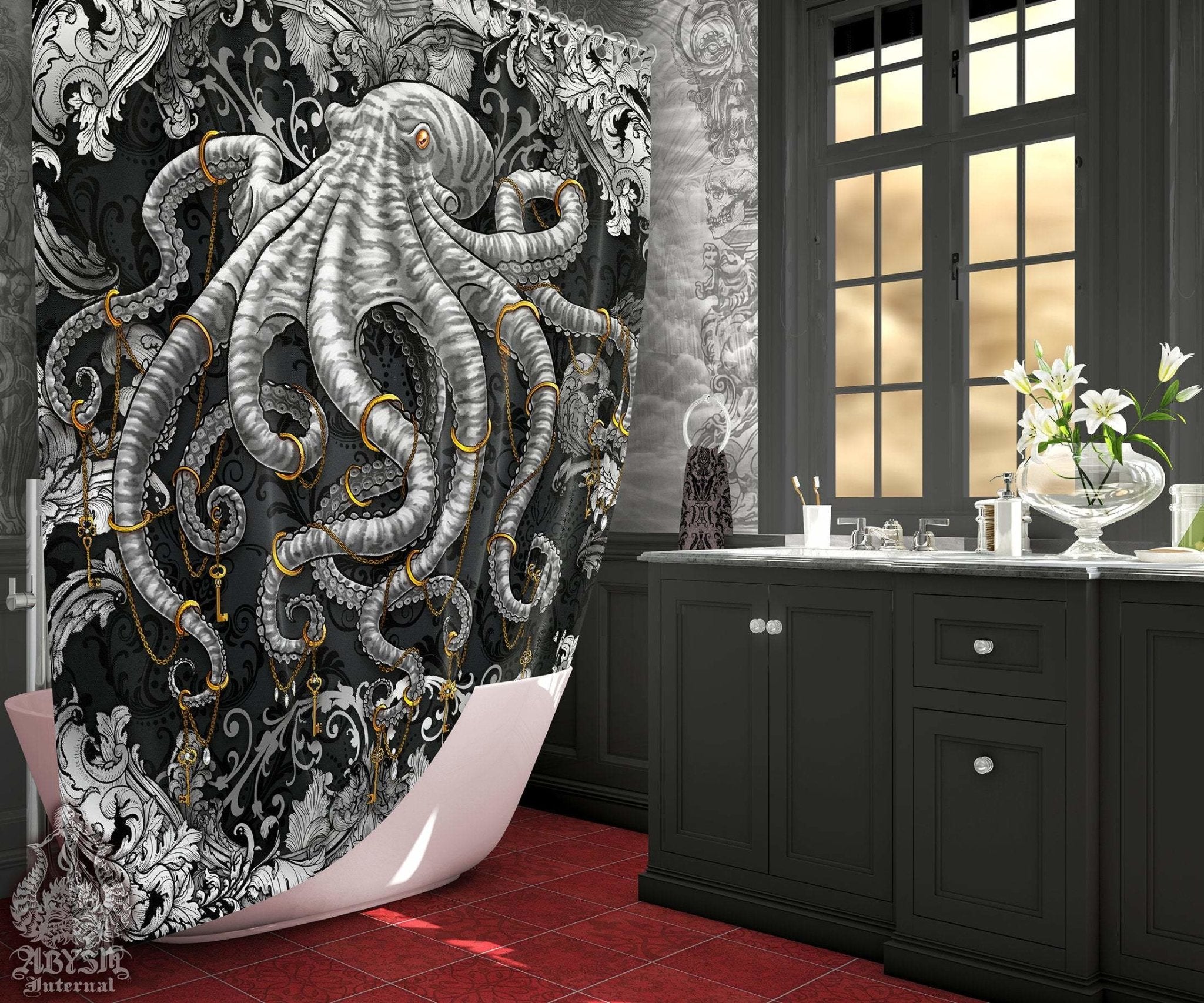 Octopus Shower Curtain, Coastal Home and Bathroom Decor - Silver & Black - Abysm Internal