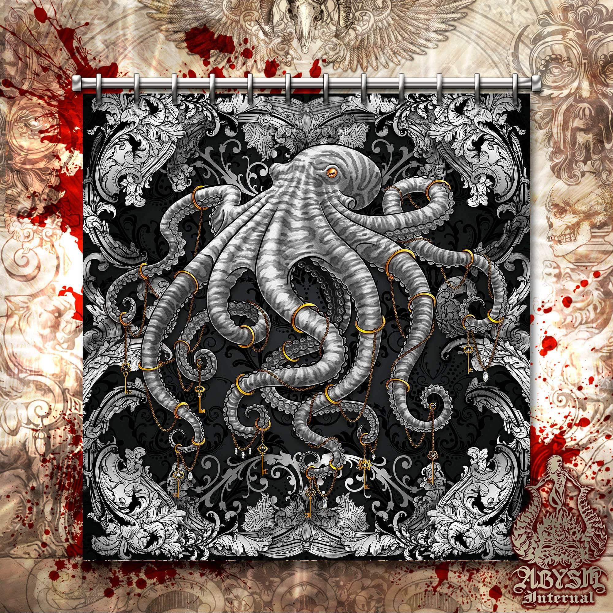 Octopus Shower Curtain, Coastal Home and Bathroom Decor - Silver & Black - Abysm Internal