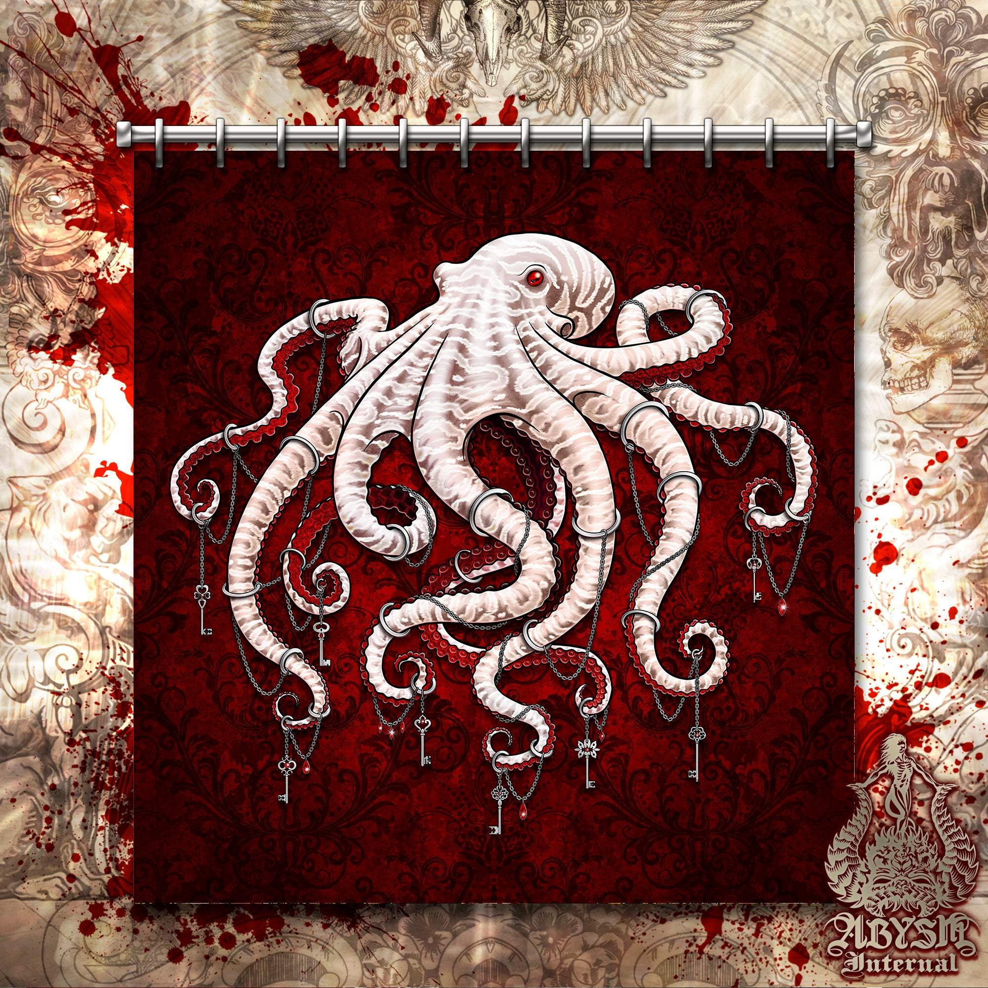 Octopus Shower Curtain, Gothic Bathroom Decor - Bloody Red & White - Abysm Internal
