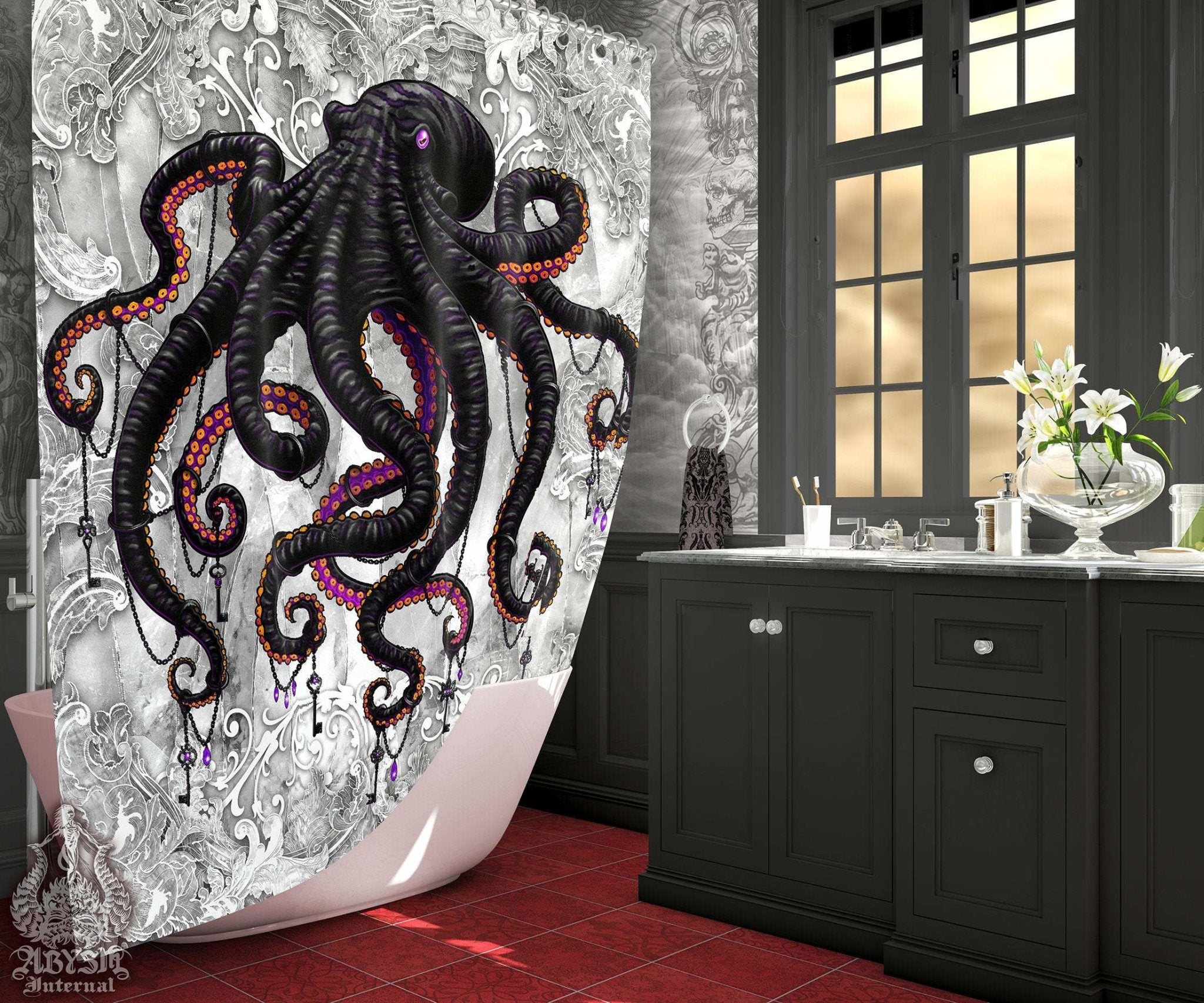 Octopus Shower Curtain,, Gothic Bathroom Decor, Coastal - Black & White Goth - Abysm Internal