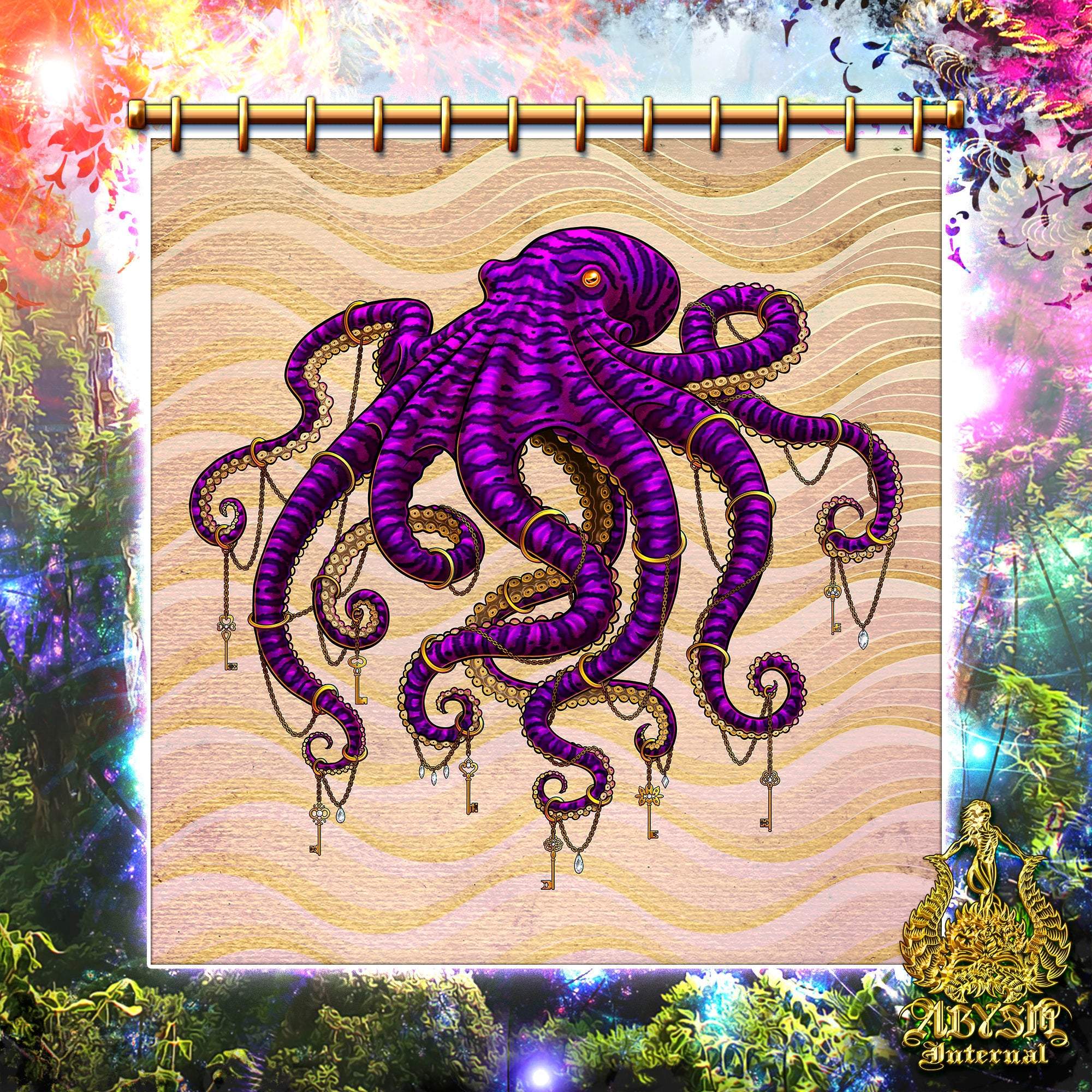 Octopus Shower Curtain, Hippie and Boho Bathroom Decor - Purple & Sand - Abysm Internal