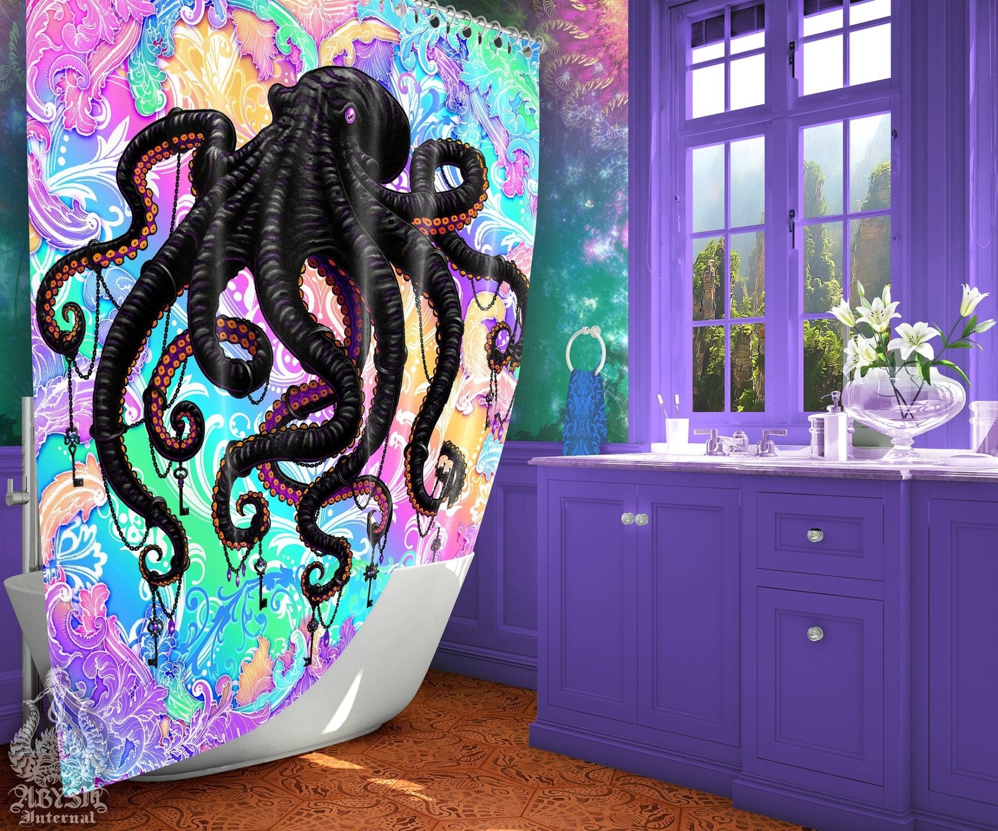 Octopus Shower Curtain, Holographic Bathroom Decor, Eclectic and Funky Home - Fairy Kei, Pastel Punk Black - Abysm Internal