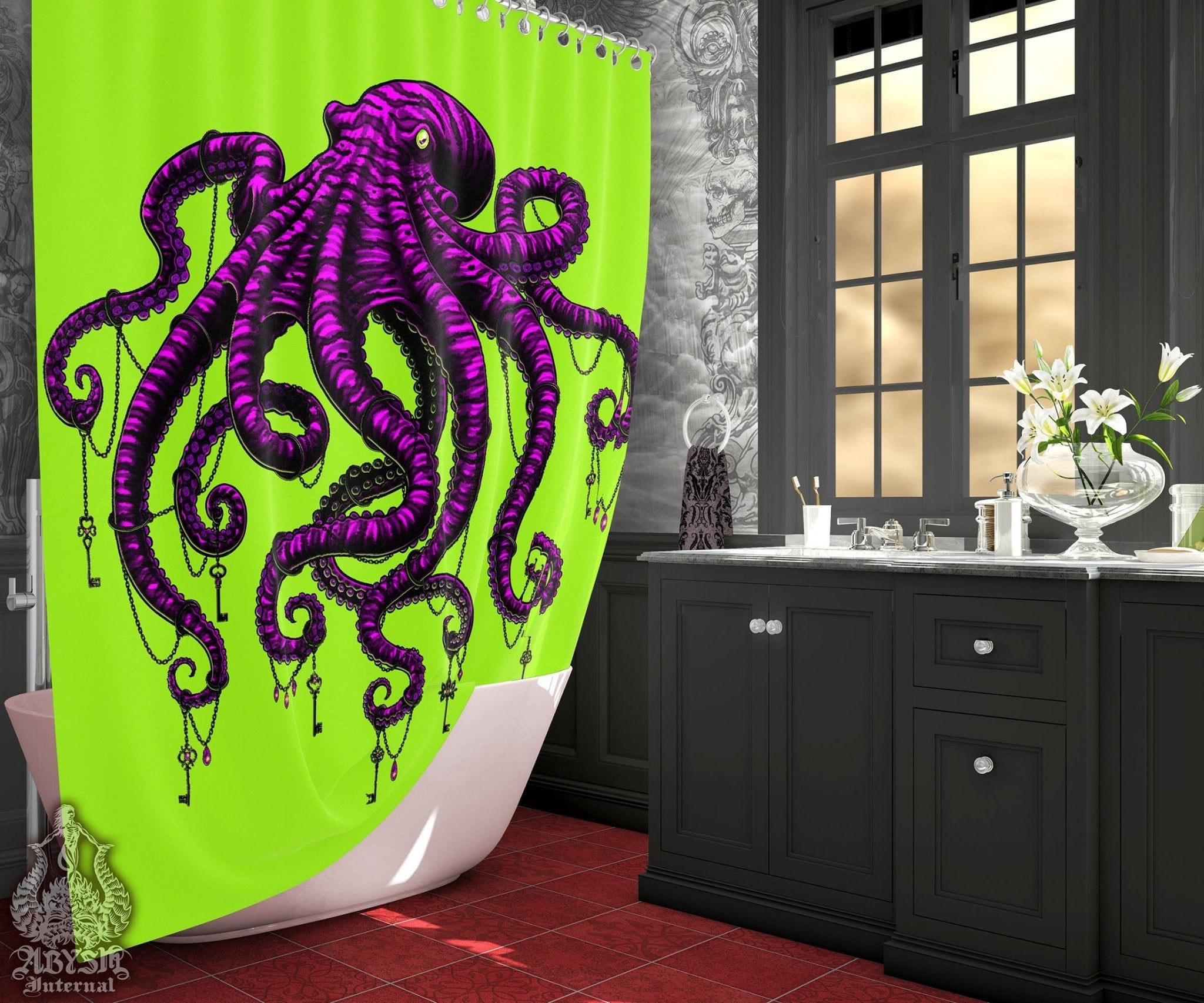 Octopus Shower Curtain, Horror Bathroom Decor - Goth Neon - Abysm Internal