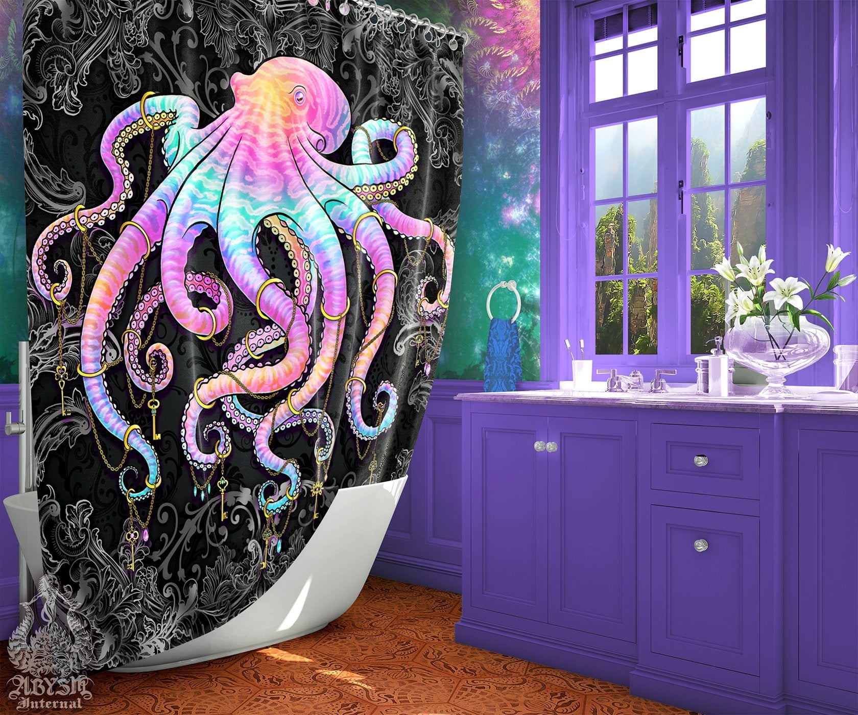 Octopus Shower Curtain, Indie and Alternative Bathroom Decor, Eclectic and Funky Home - Dark Pastel Punk - Abysm Internal