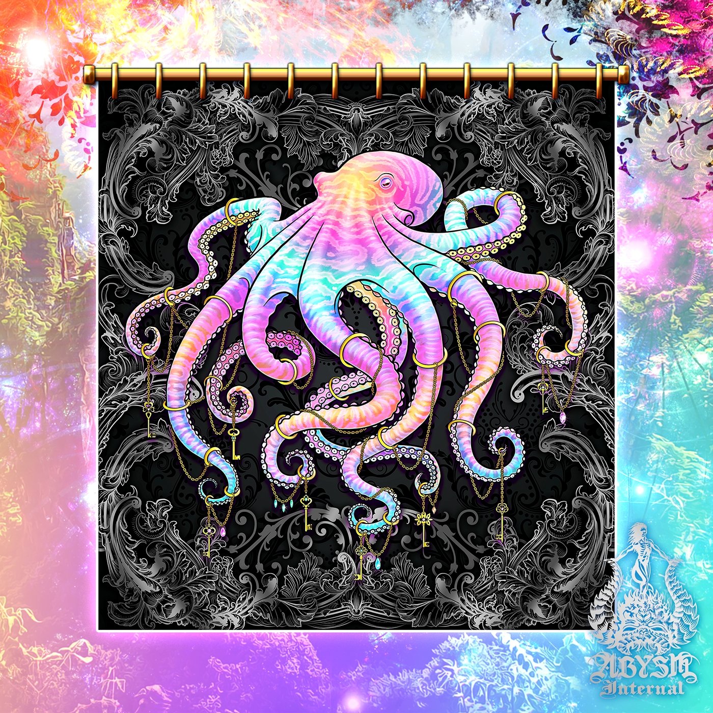 Octopus Shower Curtain, Indie and Alternative Bathroom Decor, Eclectic and Funky Home - Dark Pastel Punk - Abysm Internal