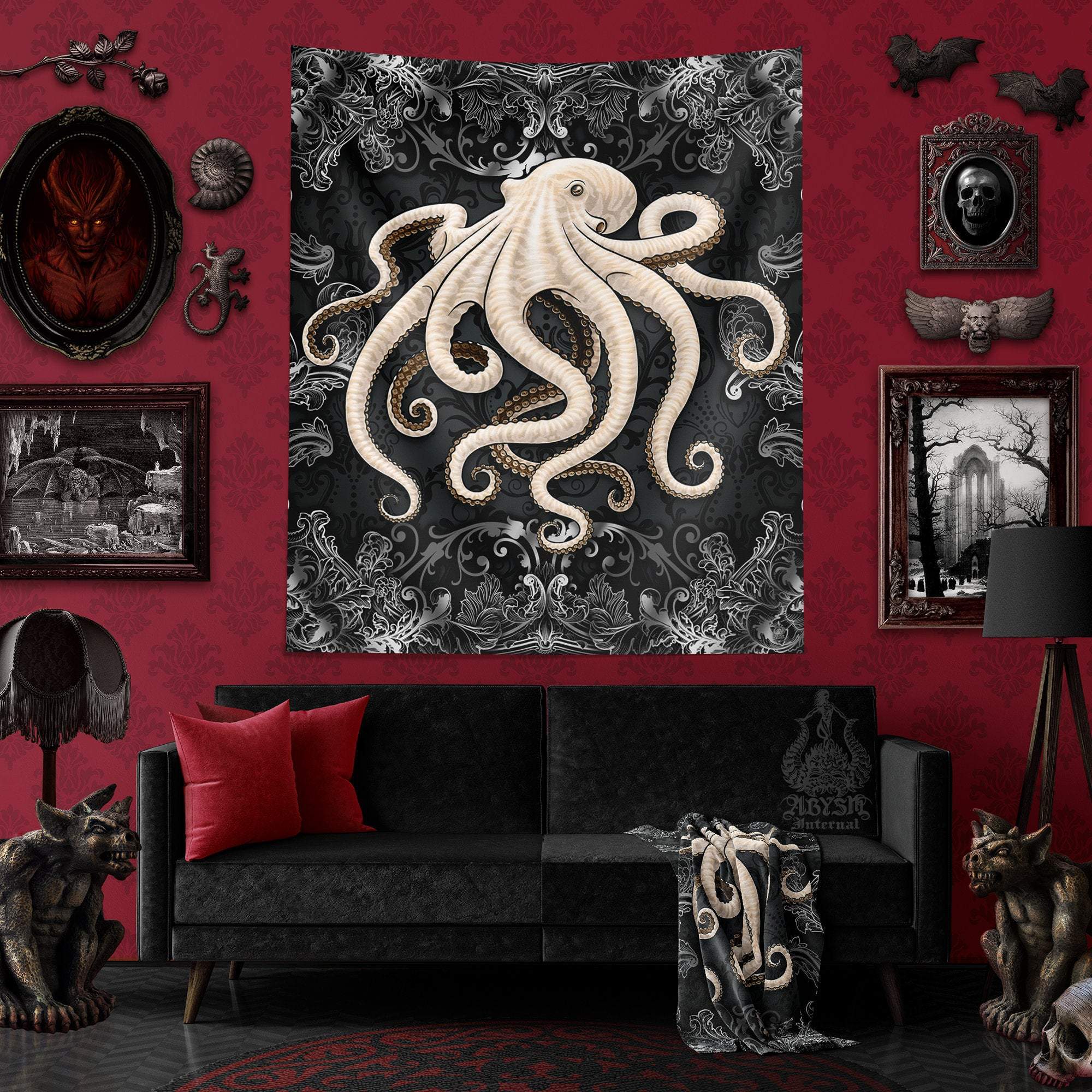 Octopus Tapestry, Coastal Wall Hanging, Beach Home Decor, Art Print - Dark, Black & White - Abysm Internal