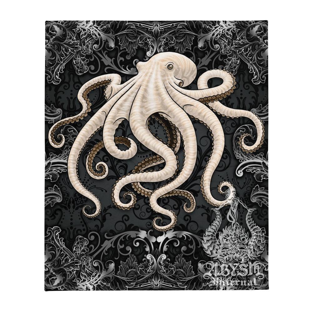 Octopus Tapestry, Coastal Wall Hanging, Beach Home Decor, Art Print - Dark, Black & White - Abysm Internal