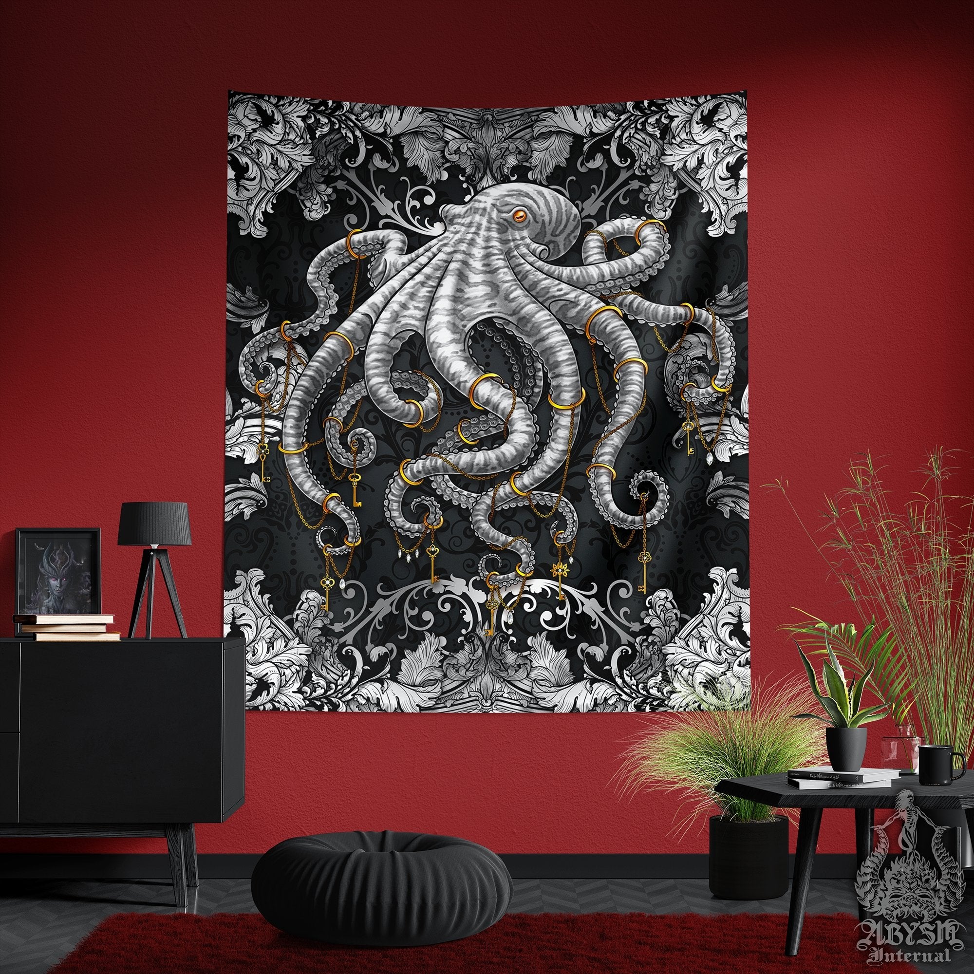 Octopus Tapestry, Coastal Wall Hanging, Beach Home Decor, Art Print - Silver Black - Abysm Internal