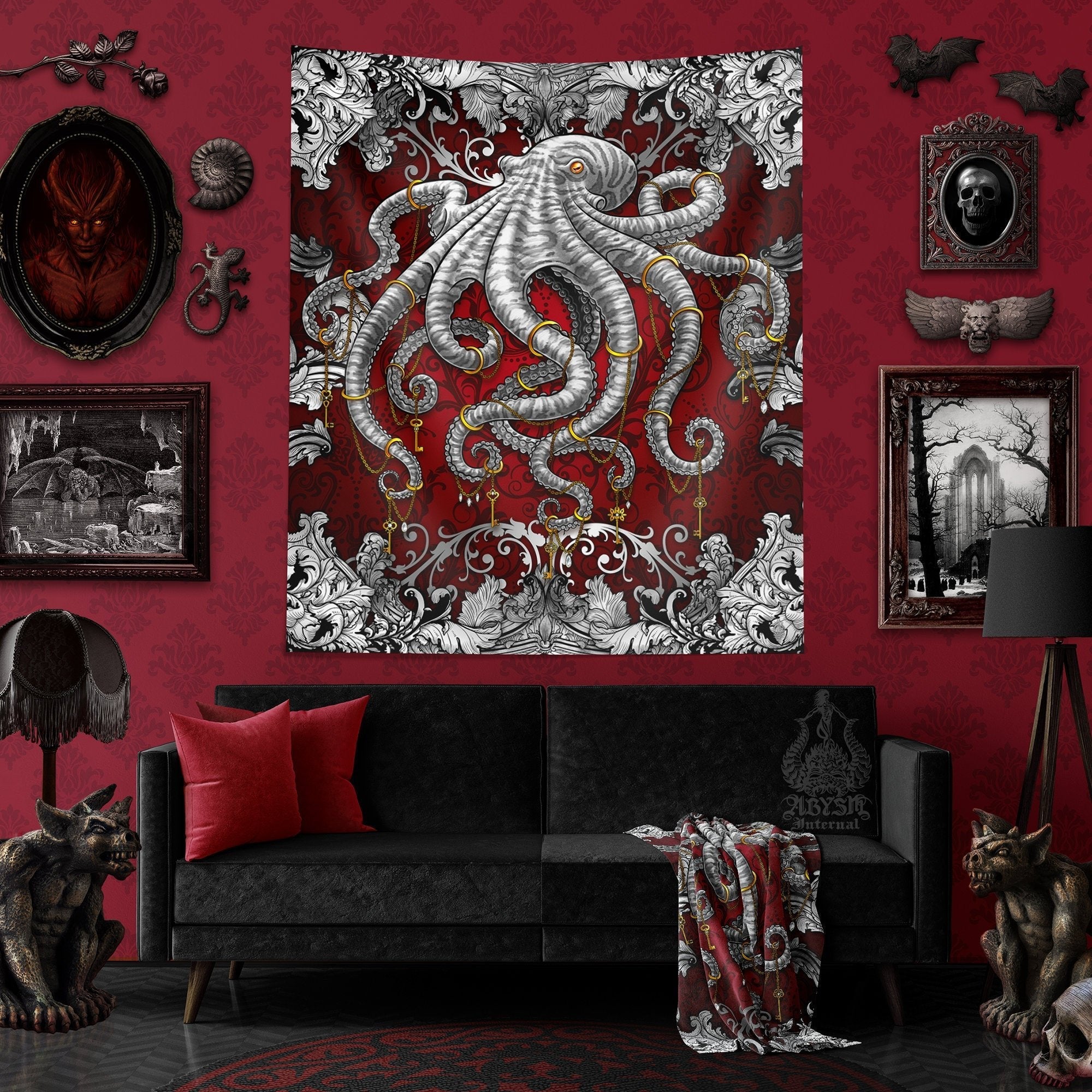 Octopus Tapestry, Coastal Wall Hanging, Beach Home Decor, Art Print - Silver Red - Abysm Internal