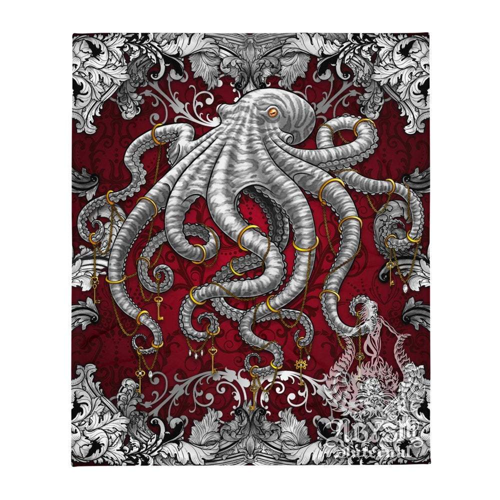 Octopus Tapestry, Coastal Wall Hanging, Beach Home Decor, Art Print - Silver Red - Abysm Internal