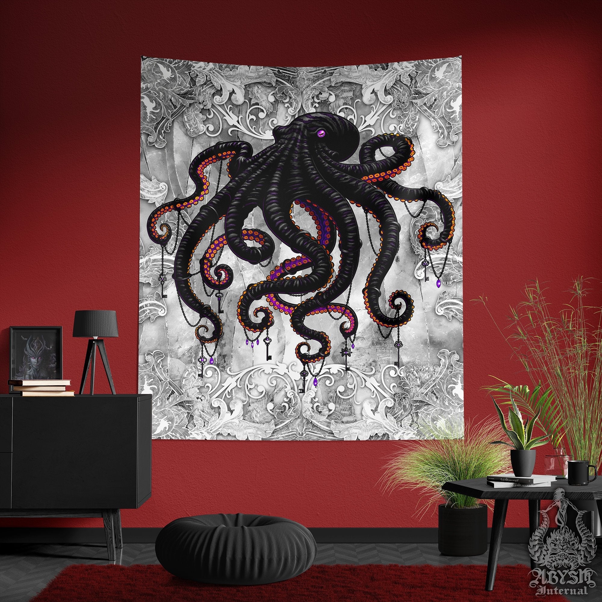 Octopus Tapestry, Coastal Wall Hanging, Beach Home Decor, Art Print - White Goth - Abysm Internal