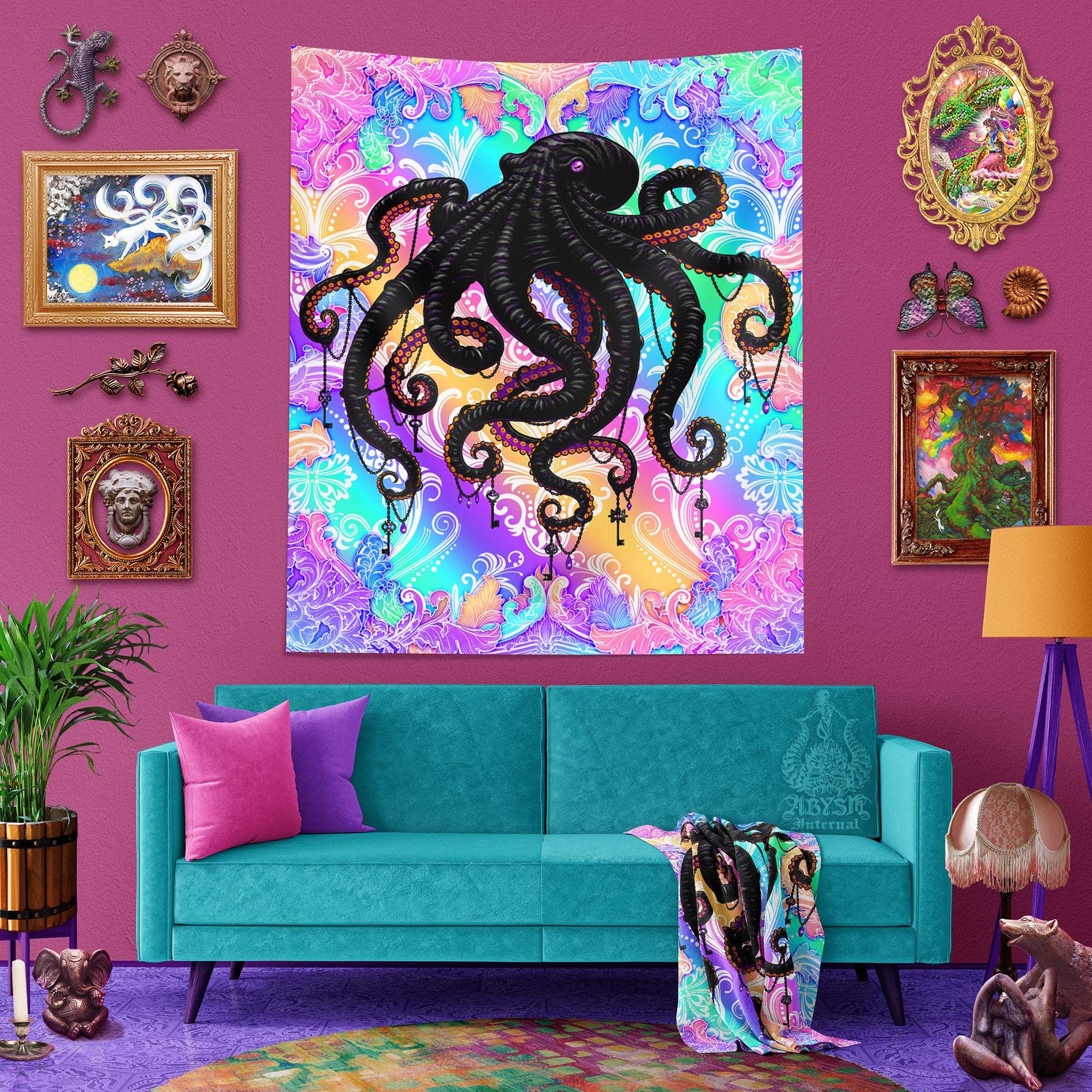 Octopus Tapestry, Holographic Wall Hanging, Psychedelic and Indie Home Decor, Art Print, Eclectic and Funky - Pastel Punk Black - Abysm Internal