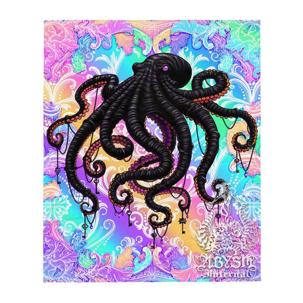 Octopus Tapestry, Holographic Wall Hanging, Psychedelic and Indie Home Decor, Art Print, Eclectic and Funky - Pastel Punk Black - Abysm Internal