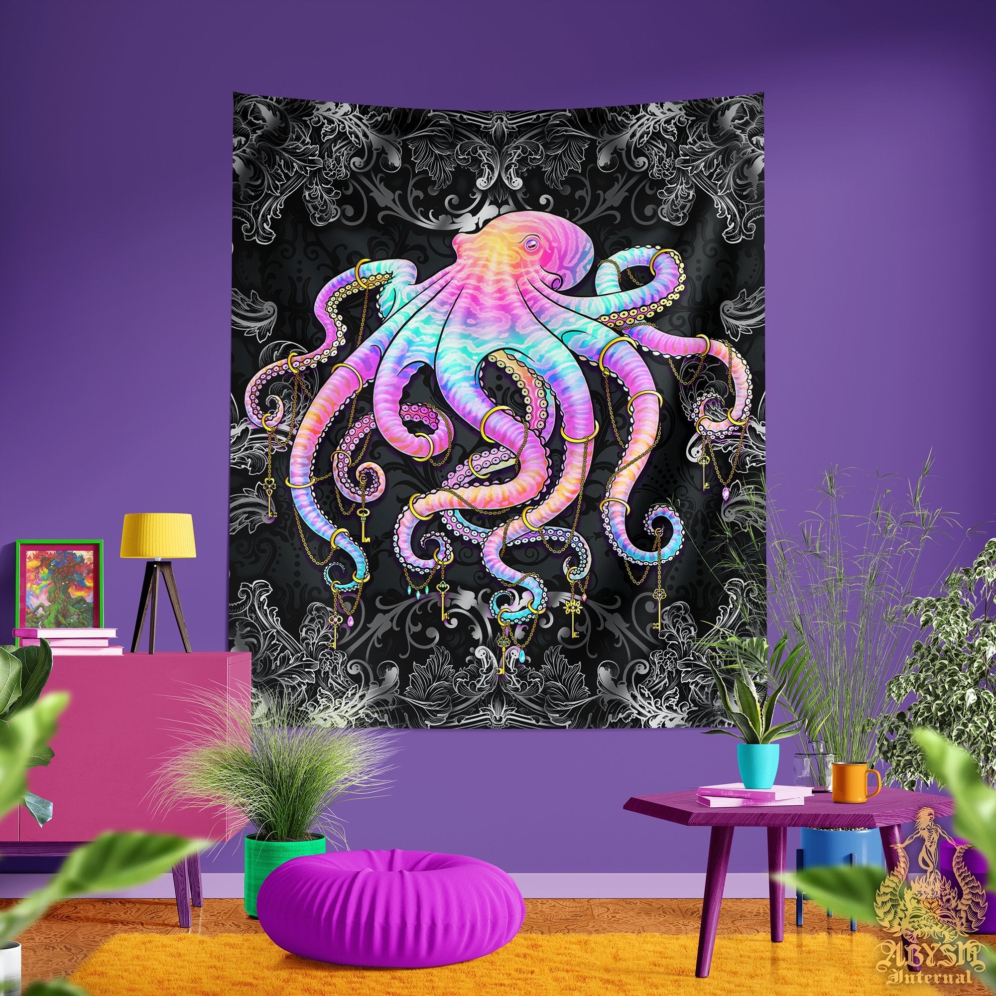 Octopus Tapestry, Indie Wall Hanging, Psychedelic and Aesthetic Home Decor, Art Print, Eclectic and Funky - Dark Pastel Punk - Abysm Internal