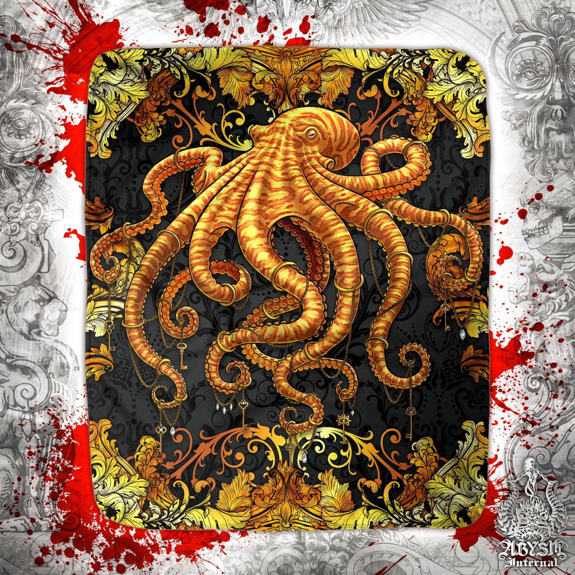 Octopus Throw Fleece Blanket, Beach Home Decor - Gold & Black - Abysm Internal