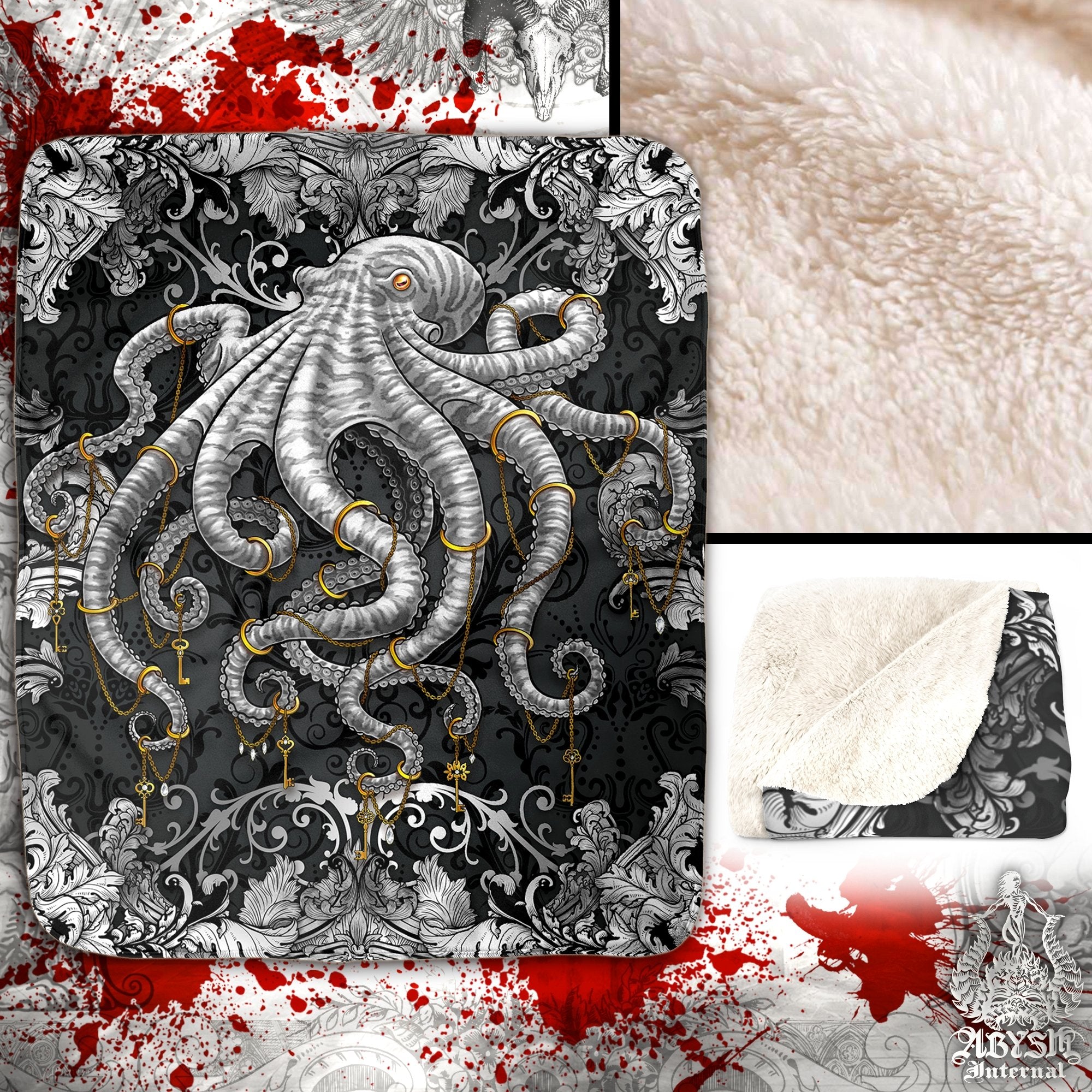 Octopus Throw Fleece Blanket, Beach Home Decor - Silver & Black - Abysm Internal