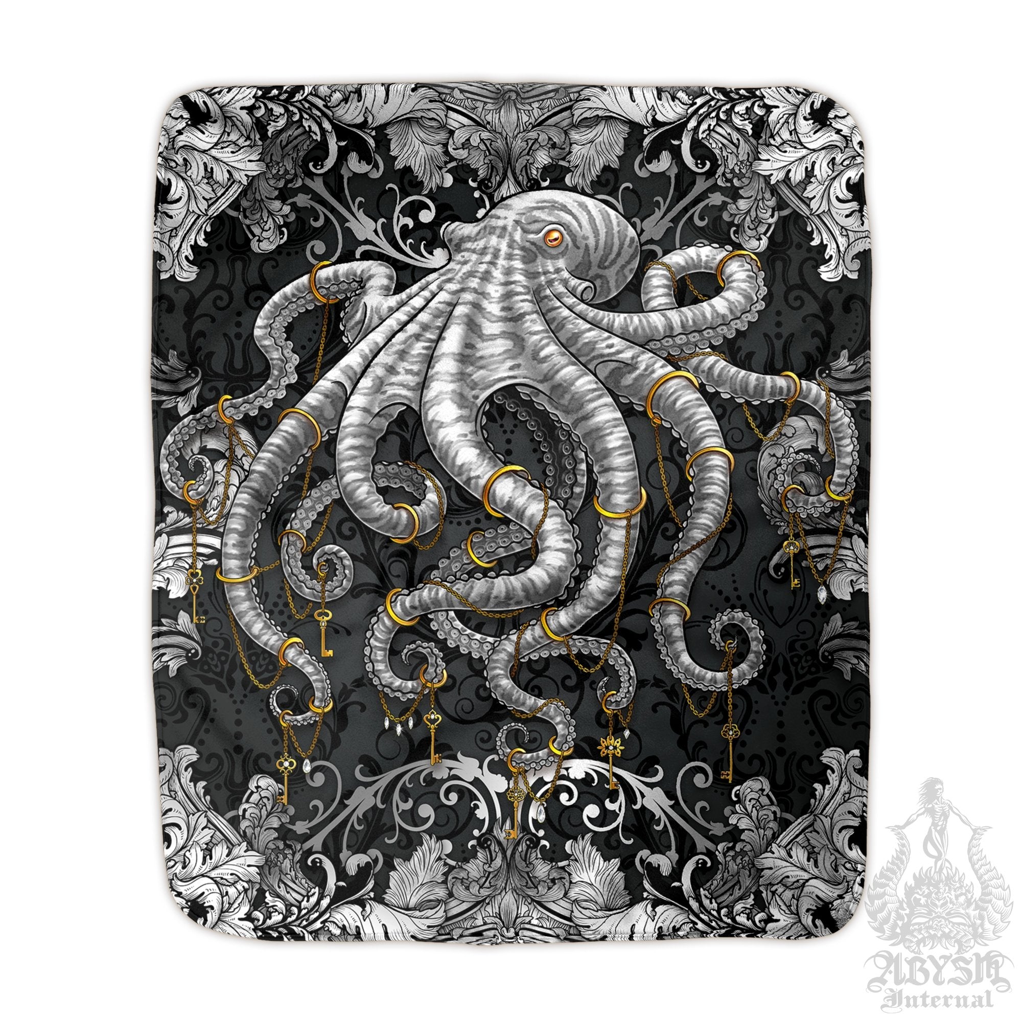 Octopus Throw Fleece Blanket, Beach Home Decor - Silver & Black - Abysm Internal