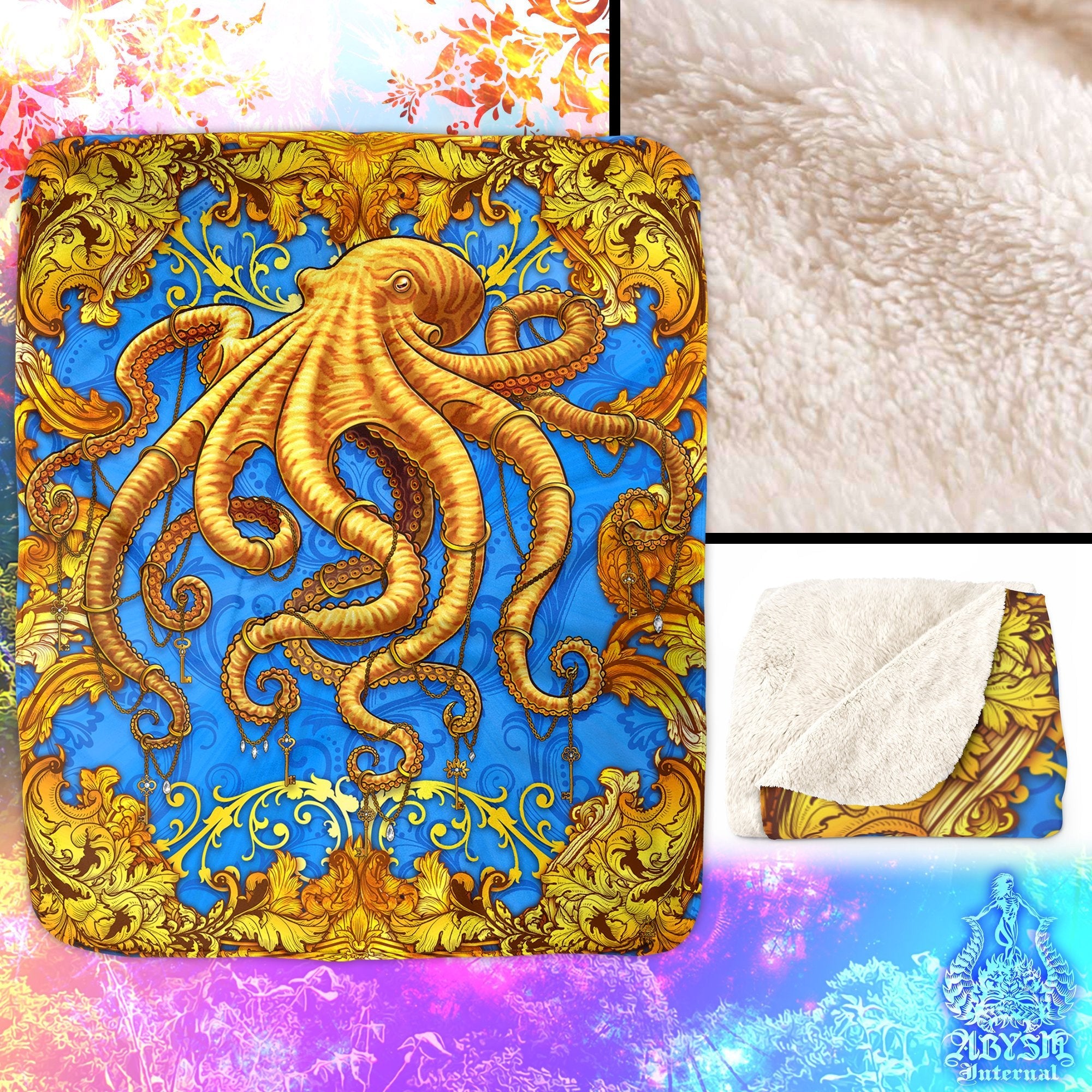 Octopus Throw Fleece Blanket, Coastal Decor, Eclectic and Funky Gift - Cyan & Gold - Abysm Internal
