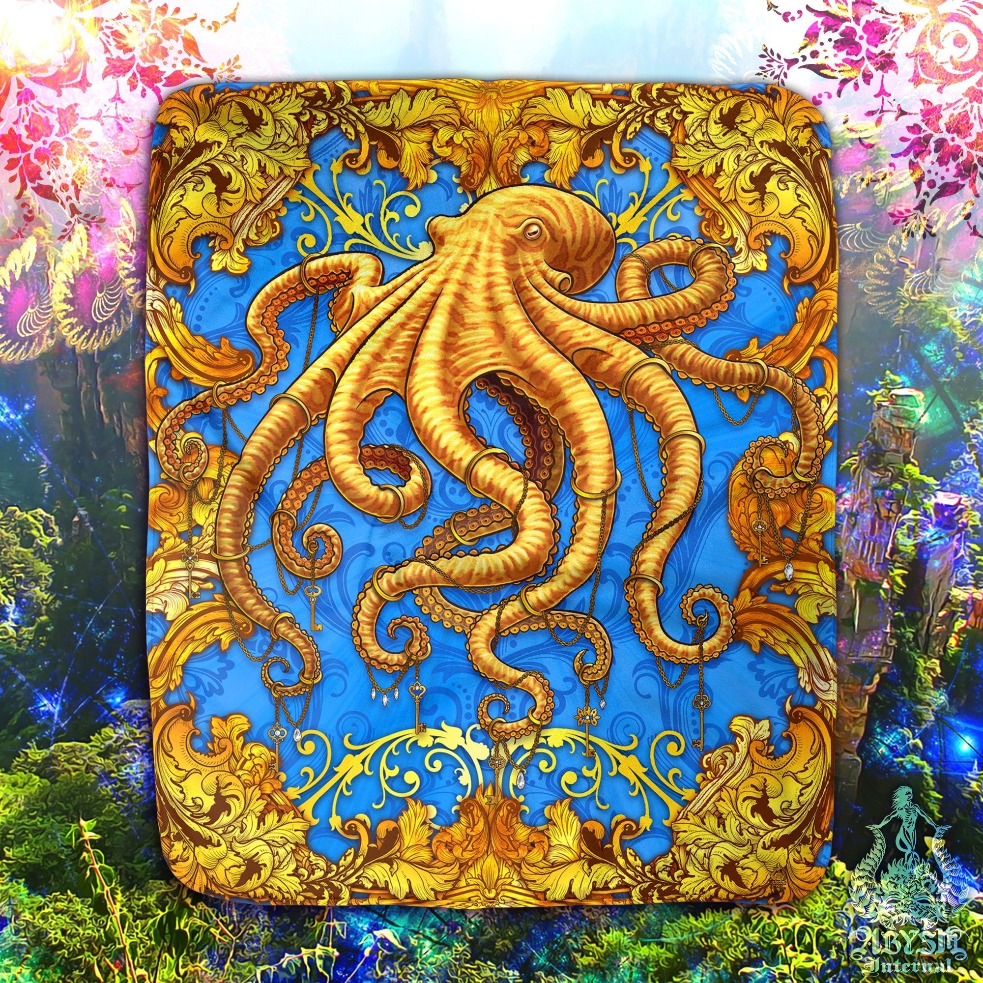 Octopus Throw Fleece Blanket, Coastal Decor, Eclectic and Funky Gift - Cyan & Gold - Abysm Internal