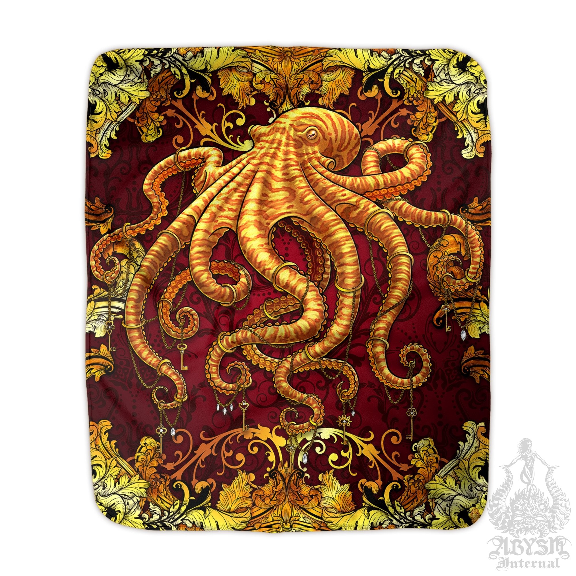 Octopus Throw Fleece Blanket, Coastal Home Decor - Gold & Red - Abysm Internal