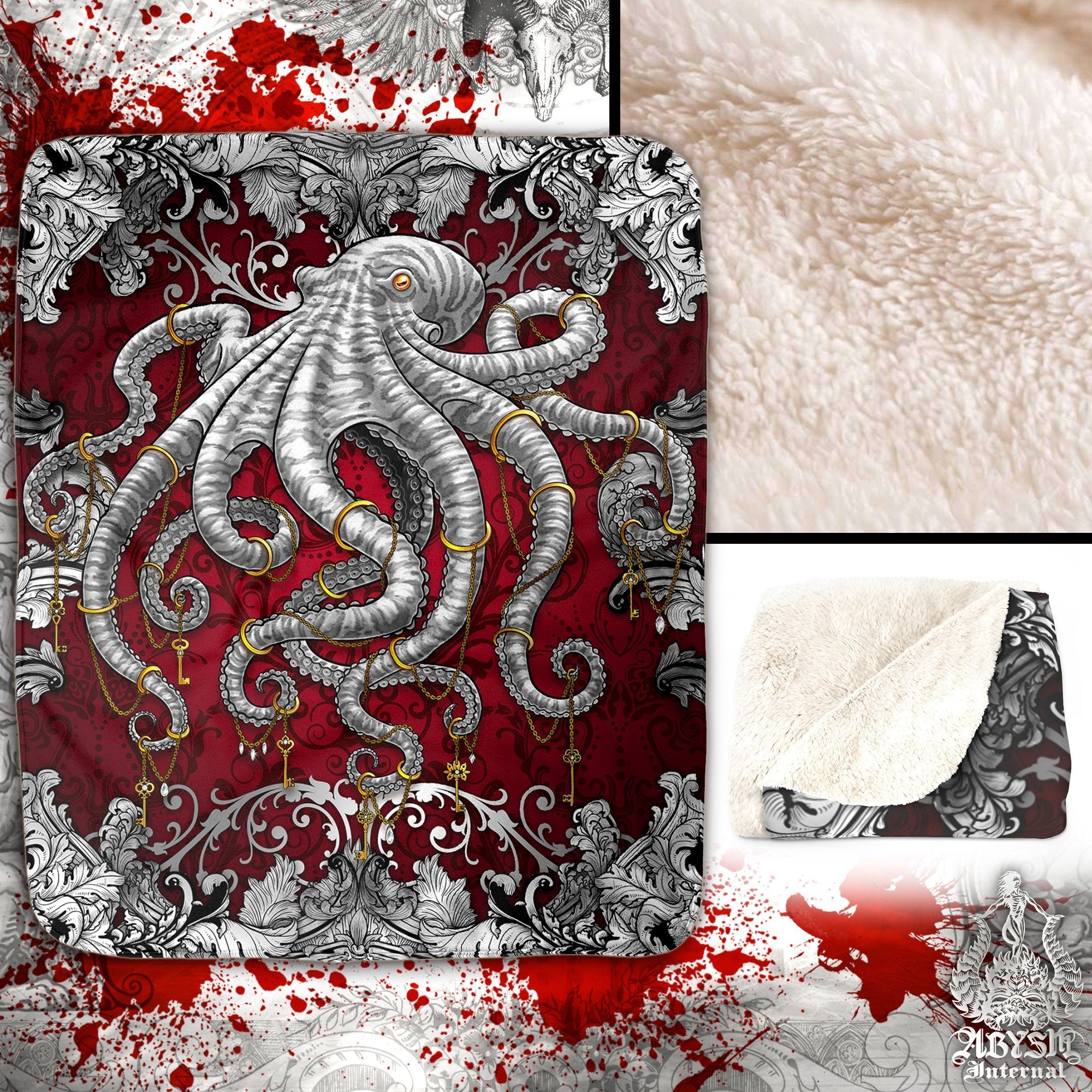 Octopus Throw Fleece Blanket, Coastal Home Decor - Silver & Red - Abysm Internal
