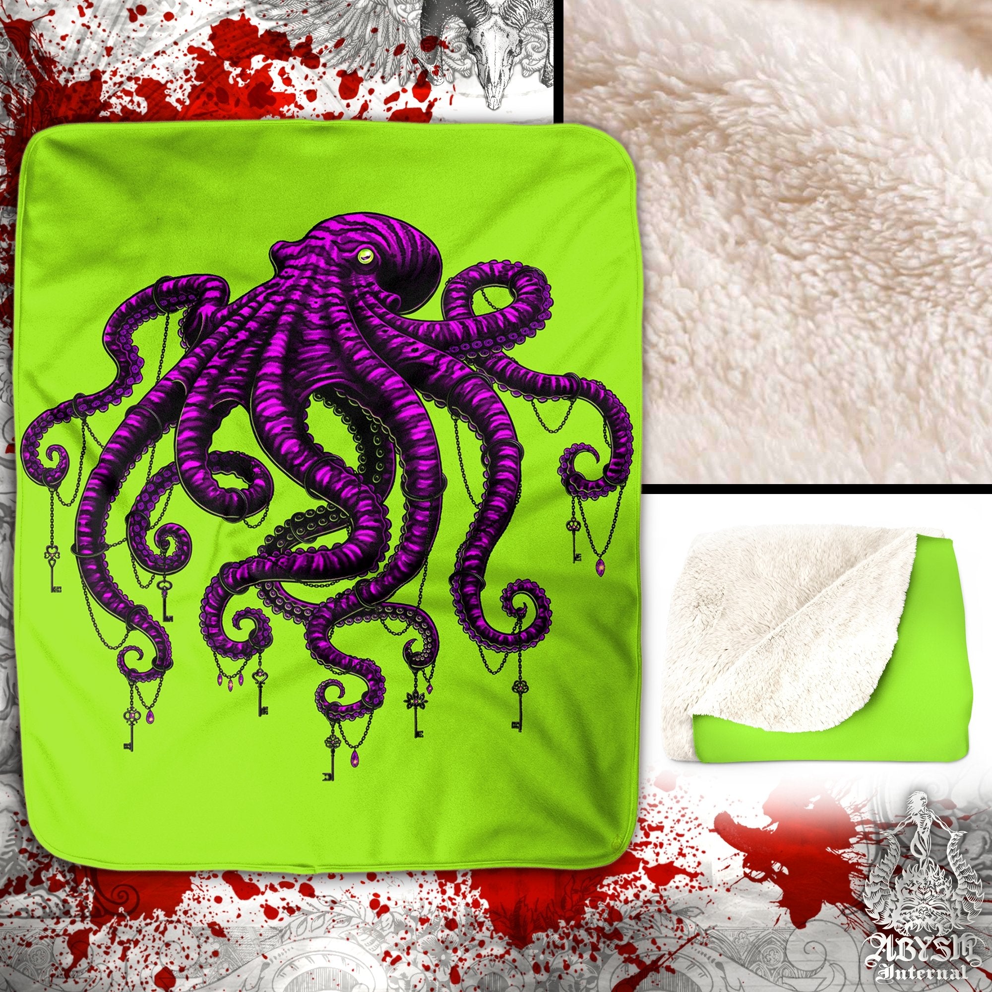 Octopus Throw Fleece Blanket, Goth Gift, Beach Home Decor, Alternative Art Gift - Neon - Abysm Internal