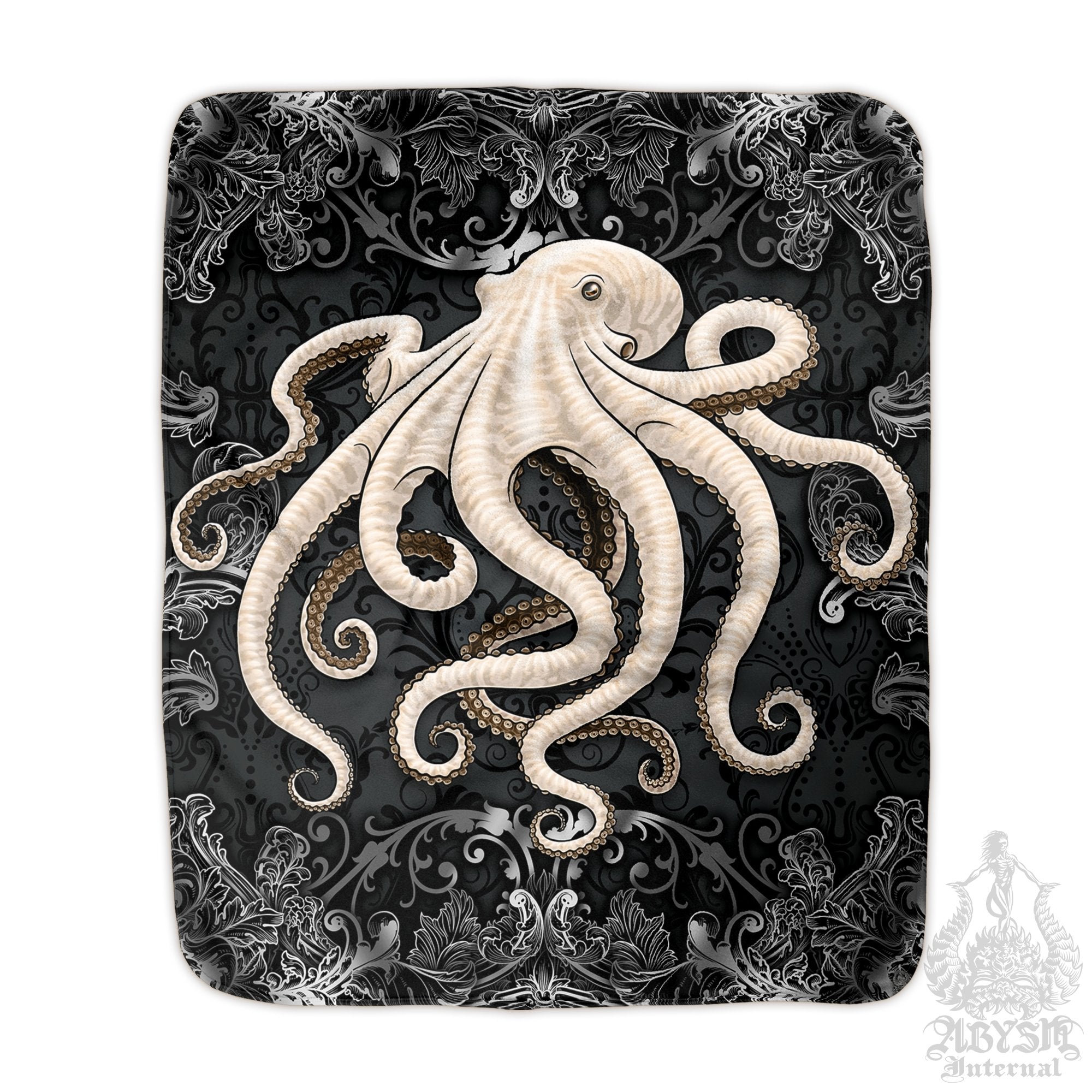 Octopus Throw Fleece Blanket, Gothic Gift, Coastal Goth Home Decor, Alternative Art Gift - Dark, Black and White - Abysm Internal
