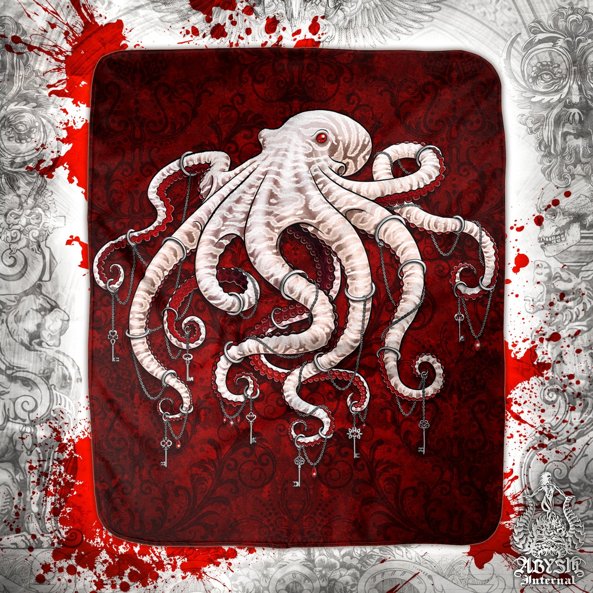 Octopus Throw Fleece Blanket, Gothic Gift, Goth Home Decor - Bloody Red - Abysm Internal