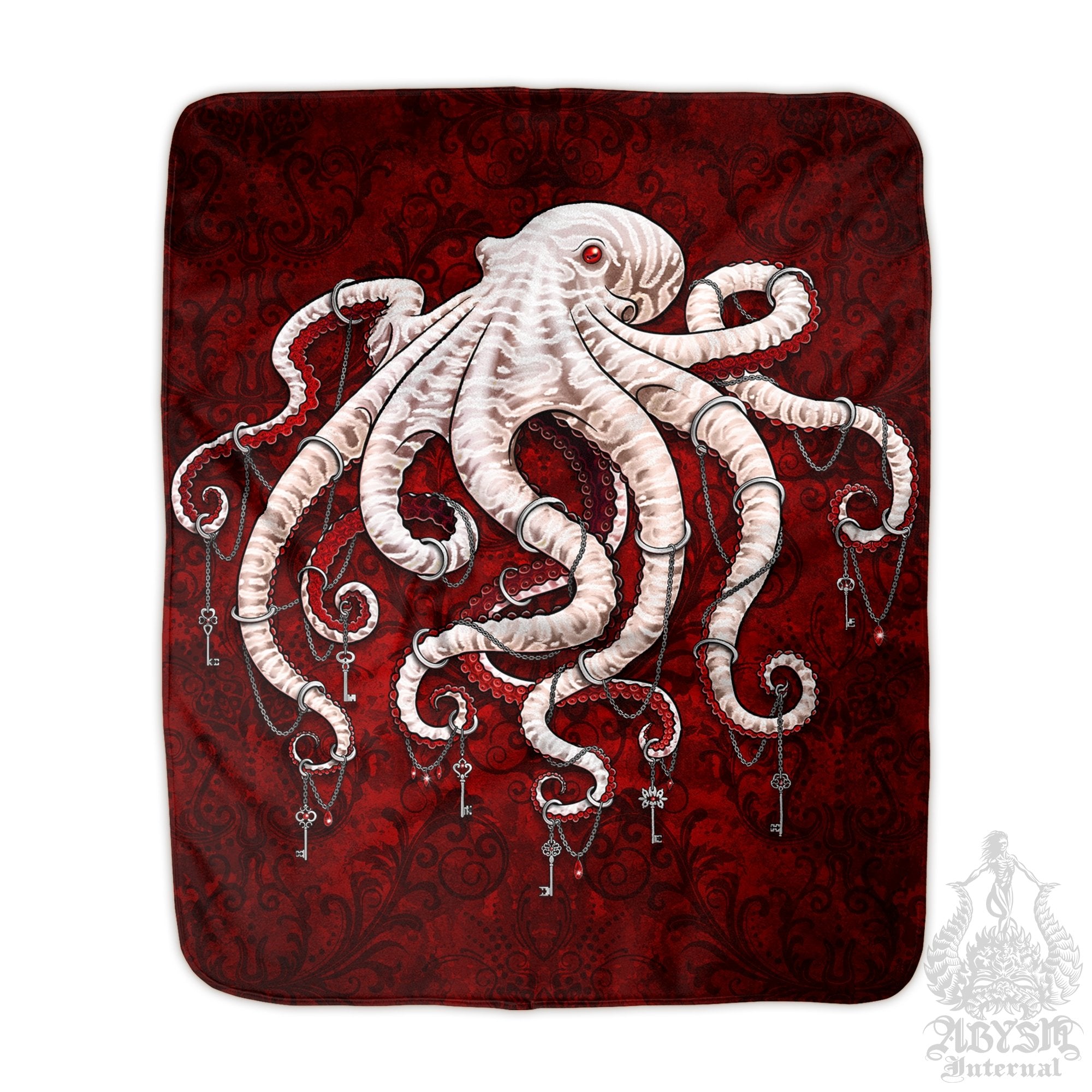 Octopus Throw Fleece Blanket, Gothic Gift, Goth Home Decor - Bloody Red - Abysm Internal