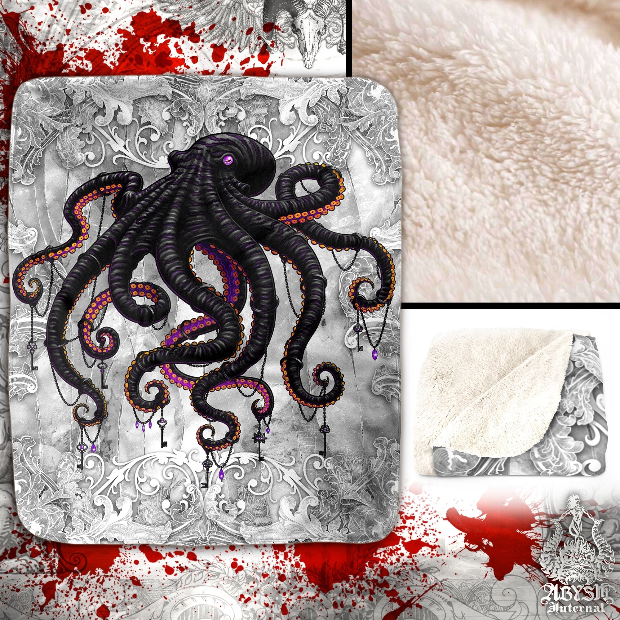 Octopus Throw Fleece Blanket, Gothic Gift, White Goth Home Decor, Alternative Art Gift - Stone - Abysm Internal