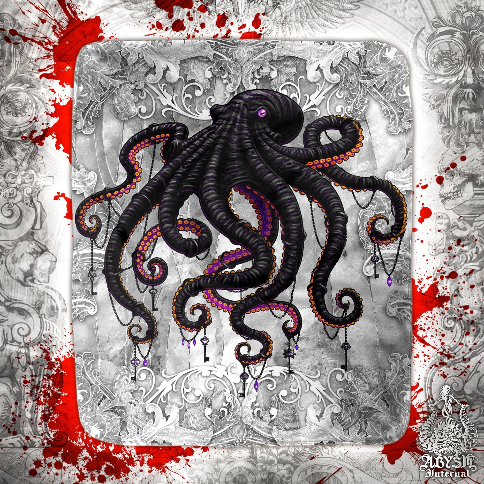 Octopus Throw Fleece Blanket, Gothic Gift, White Goth Home Decor, Alternative Art Gift - Stone - Abysm Internal