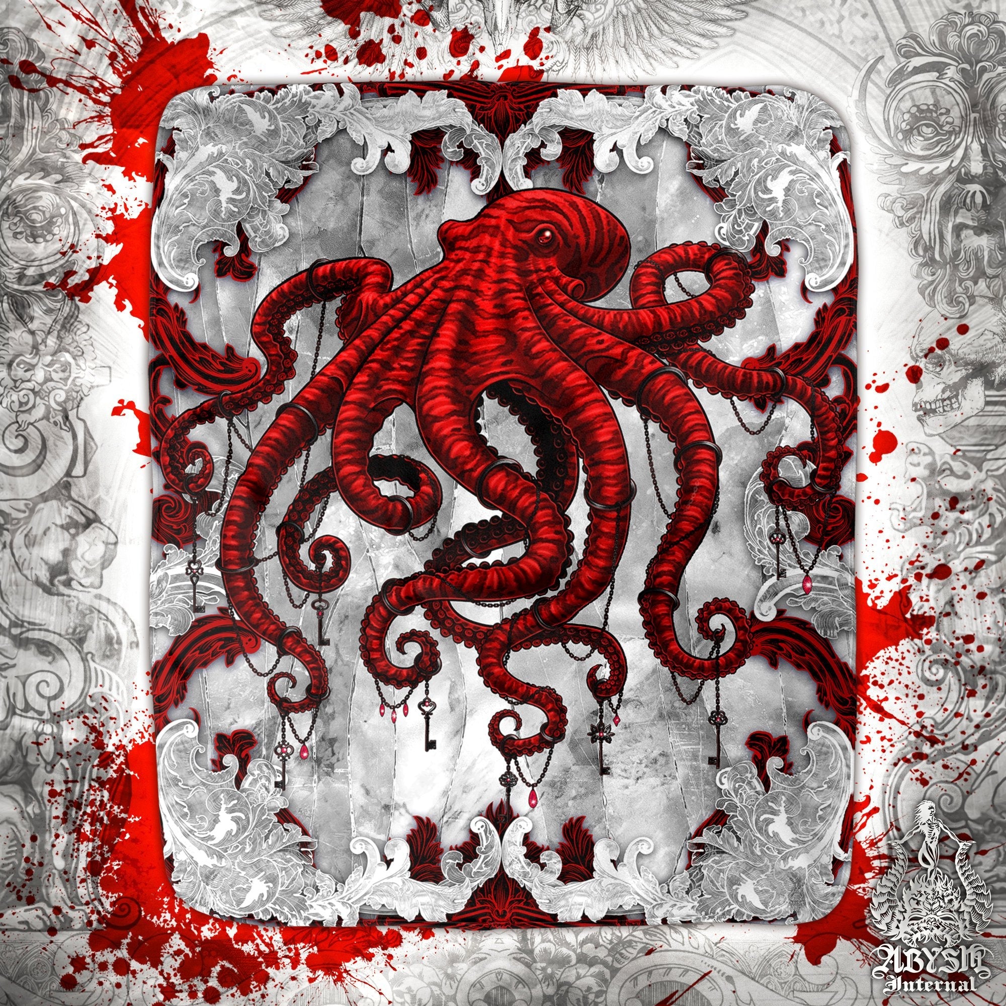 Octopus Throw Fleece Blanket, Gothic Gift, White Goth Home Decor - Bloody - Abysm Internal