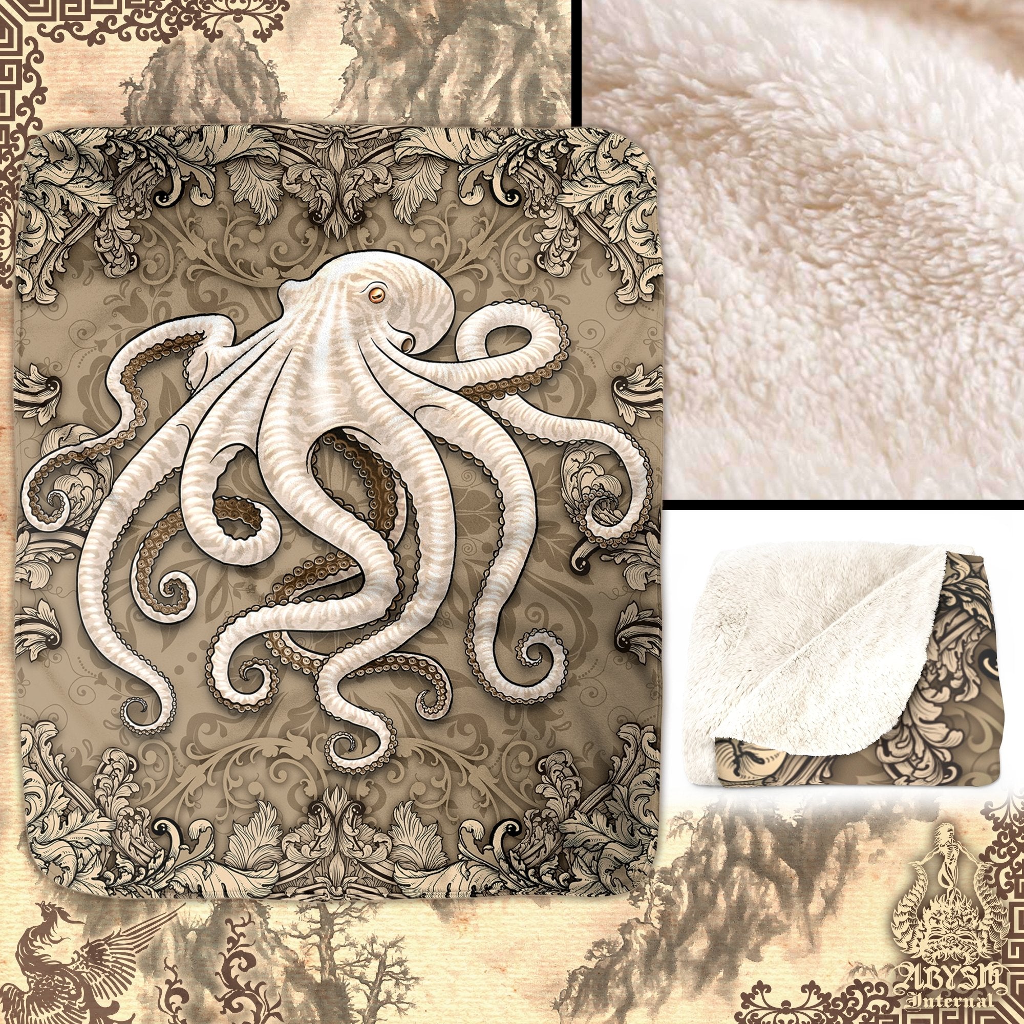 Octopus Throw Fleece Blanket, Indie Gift, Coastal Home Decor, Eclectic and Funky Gift - Cream - Abysm Internal