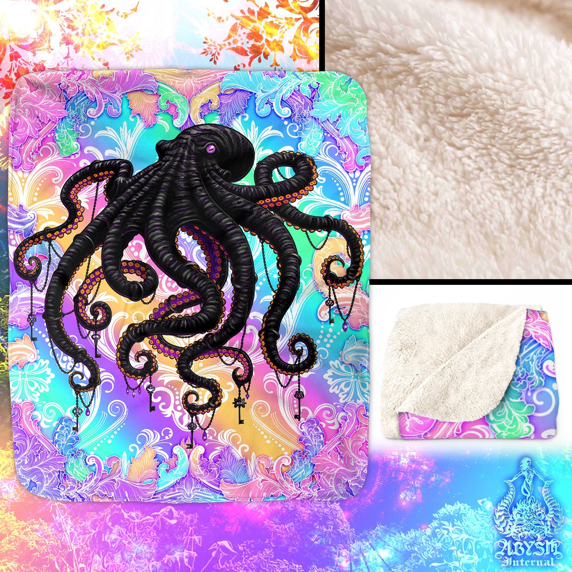 Octopus Throw Fleece Blanket, Psychedelic Gift, Yume Kawaii, Fairy Kei Decor, Eclectic and Funky Gift - Pastel Punk Black - Abysm Internal