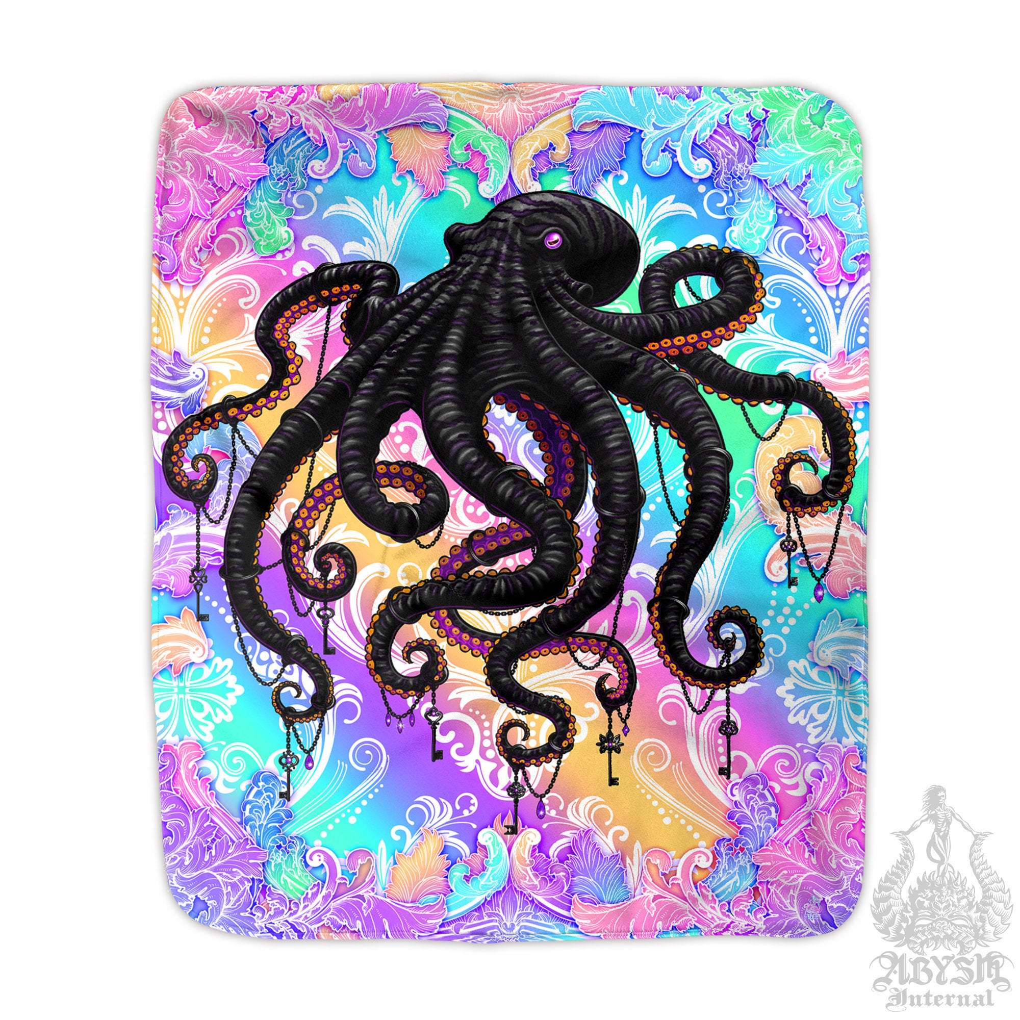 Octopus Throw Fleece Blanket, Psychedelic Gift, Yume Kawaii, Fairy Kei Decor, Eclectic and Funky Gift - Pastel Punk Black - Abysm Internal