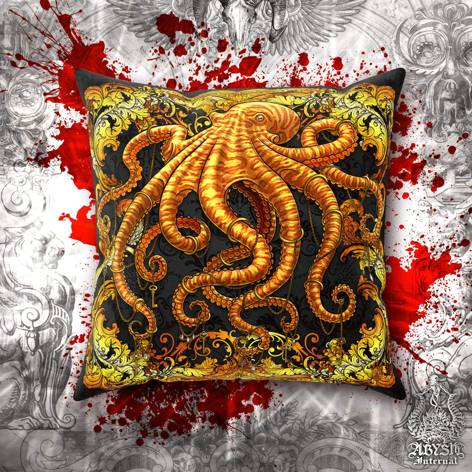 Octopus Throw Pillow, Decorative Accent Cushion, Beach Decor, Indie and Eclectic Design, Alternative Home - Gold & Black - Abysm Internal