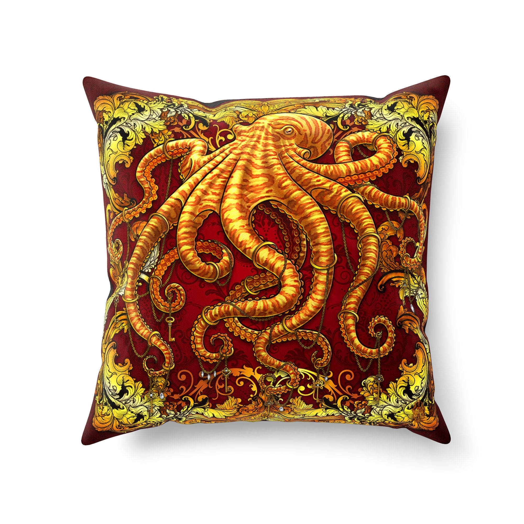 Octopus Throw Pillow, Decorative Accent Cushion, Beach Room Decor, Indie and Eclectic Design, Alternative Home - Gold & Red - Abysm Internal