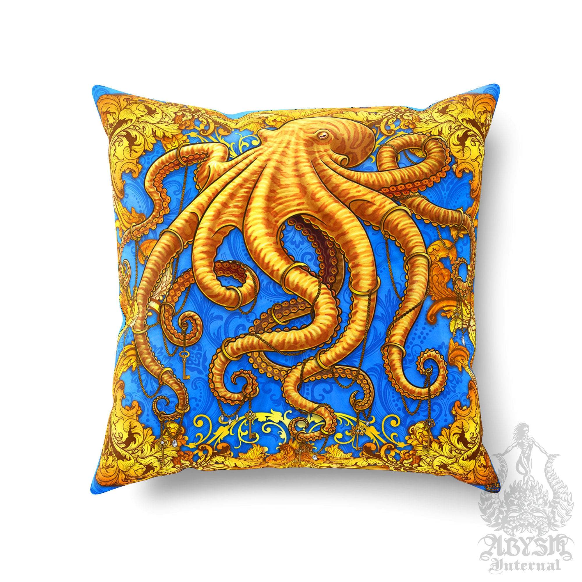 Octopus Throw Pillow, Decorative Accent Cushion, Coastal Decor, Indie and Eclectic Design, Funky Home - Cyan & Gold - Abysm Internal