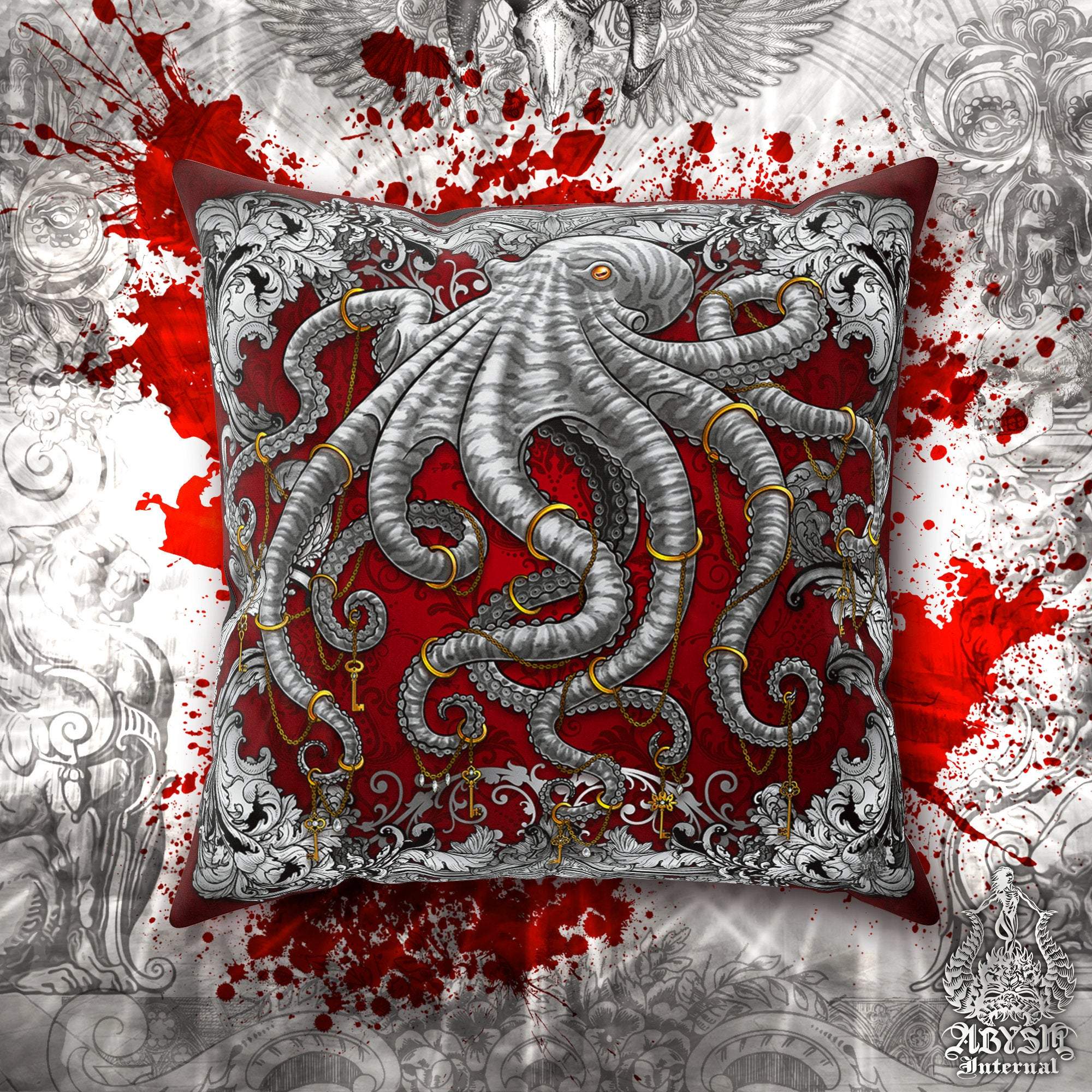 Octopus Throw Pillow, Decorative Accent Cushion, Coastal Home Decor, Indie and Eclectic Design, Alternative - Silver & Red - Abysm Internal