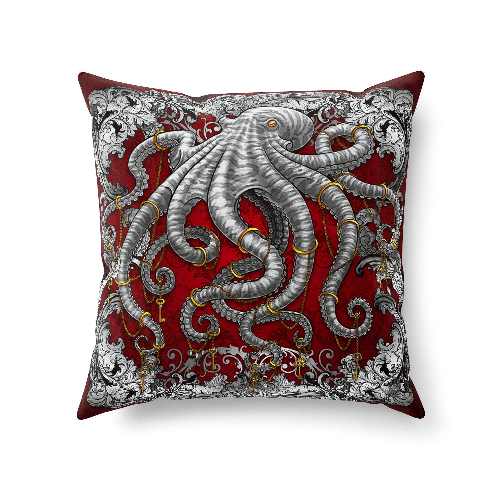 Octopus Throw Pillow, Decorative Accent Cushion, Coastal Home Decor, Indie and Eclectic Design, Alternative - Silver & Red - Abysm Internal