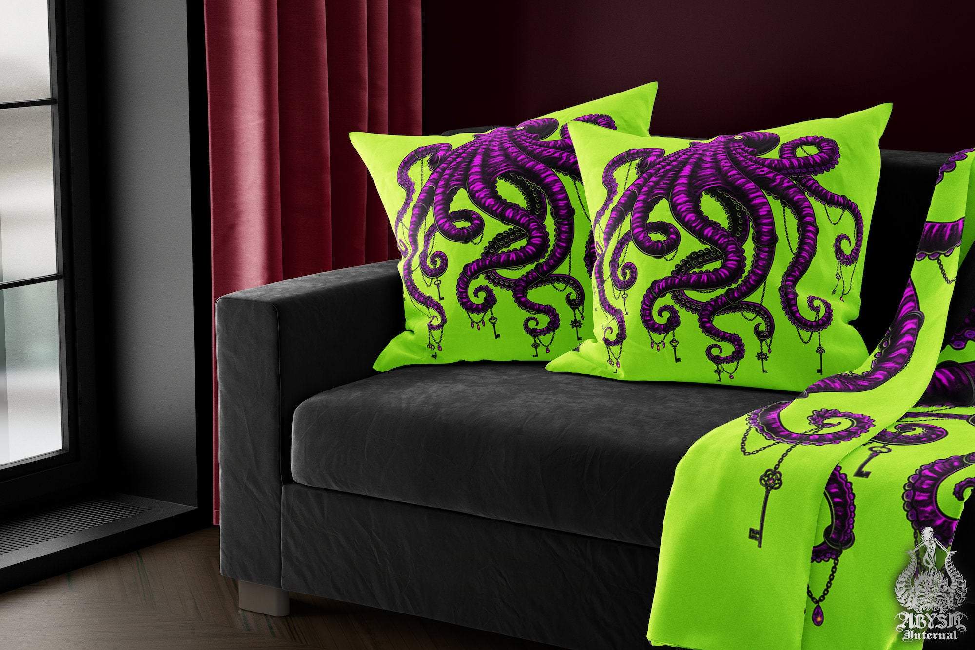 Octopus Throw Pillow, Decorative Accent Cushion, Eclectic Gamer Room Decor, Alternative Home - Neon Gothic - Abysm Internal
