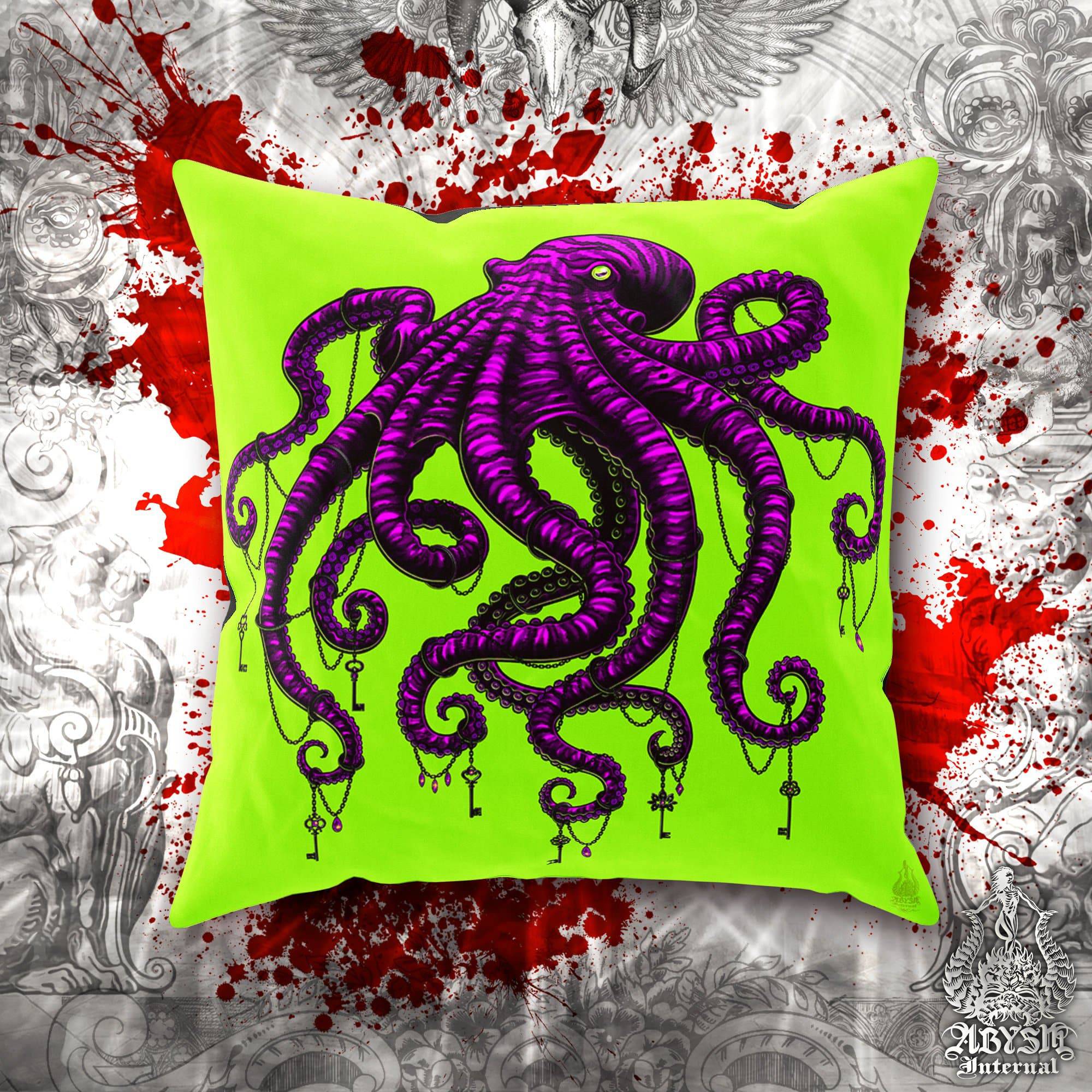 Octopus Throw Pillow, Decorative Accent Cushion, Eclectic Gamer Room Decor, Alternative Home - Neon Gothic - Abysm Internal