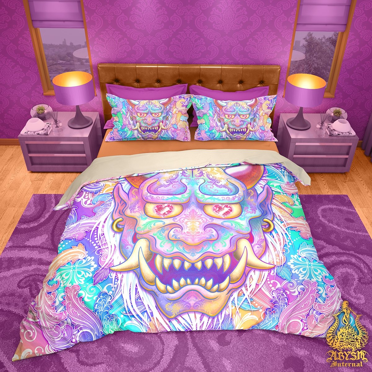 Oni Bedding Set, Comforter and Duvet, Aesthetic Bed Cover, Kawaii Gamer Bedroom Decor Bedroom, Indie Room, King, Queen and Twin Size - Pastel Japanese Demon, - Abysm Internal